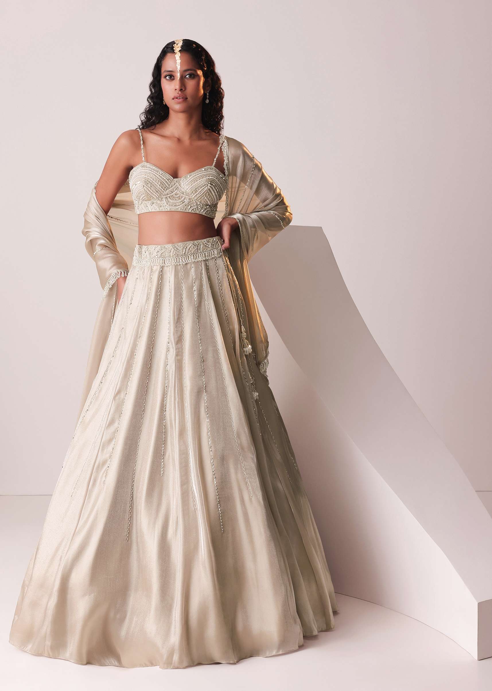 Glam Silver Embroidered Lehenga Set In Organza - Image 5