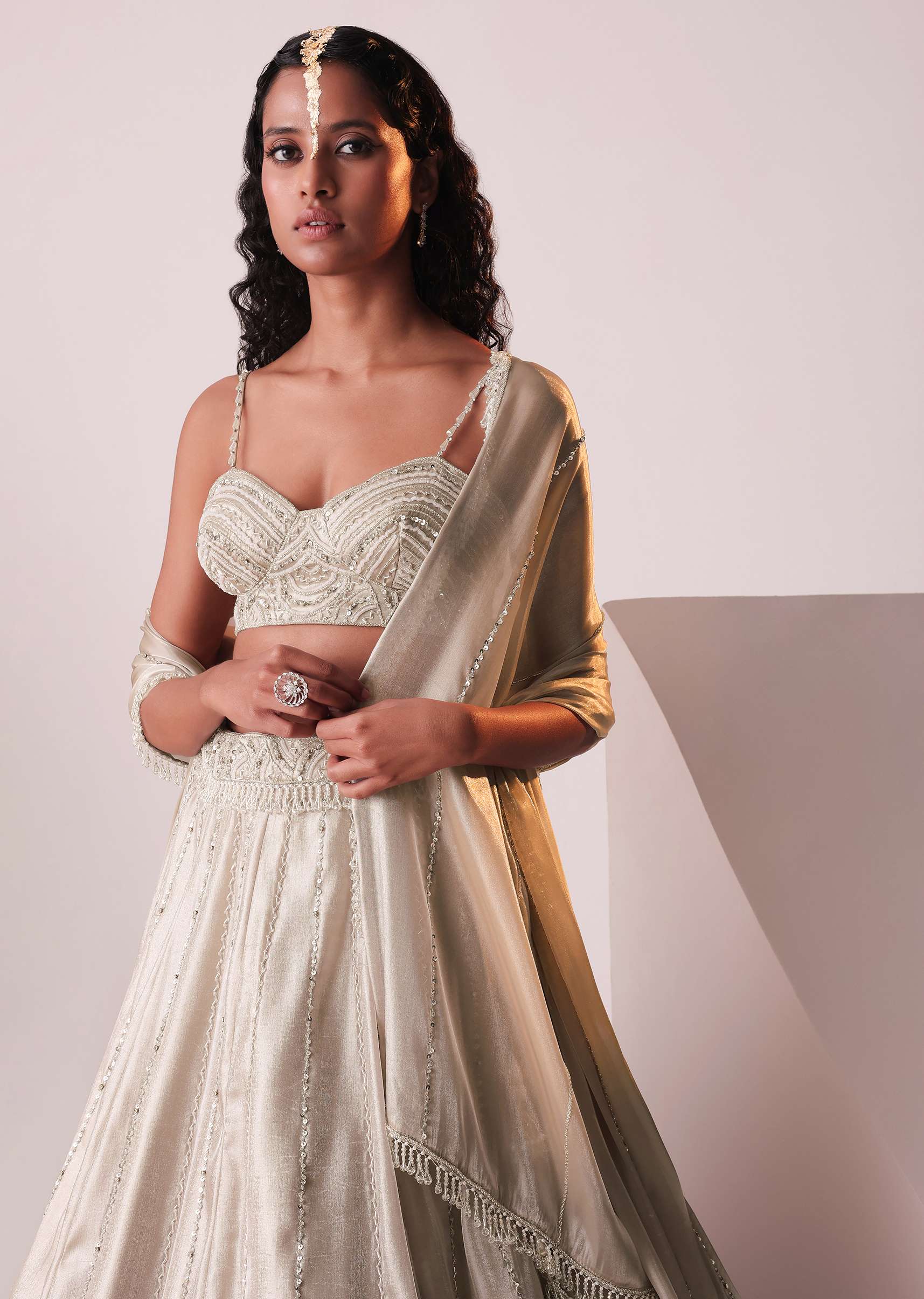 Glam Silver Embroidered Lehenga Set In Organza - Image 6