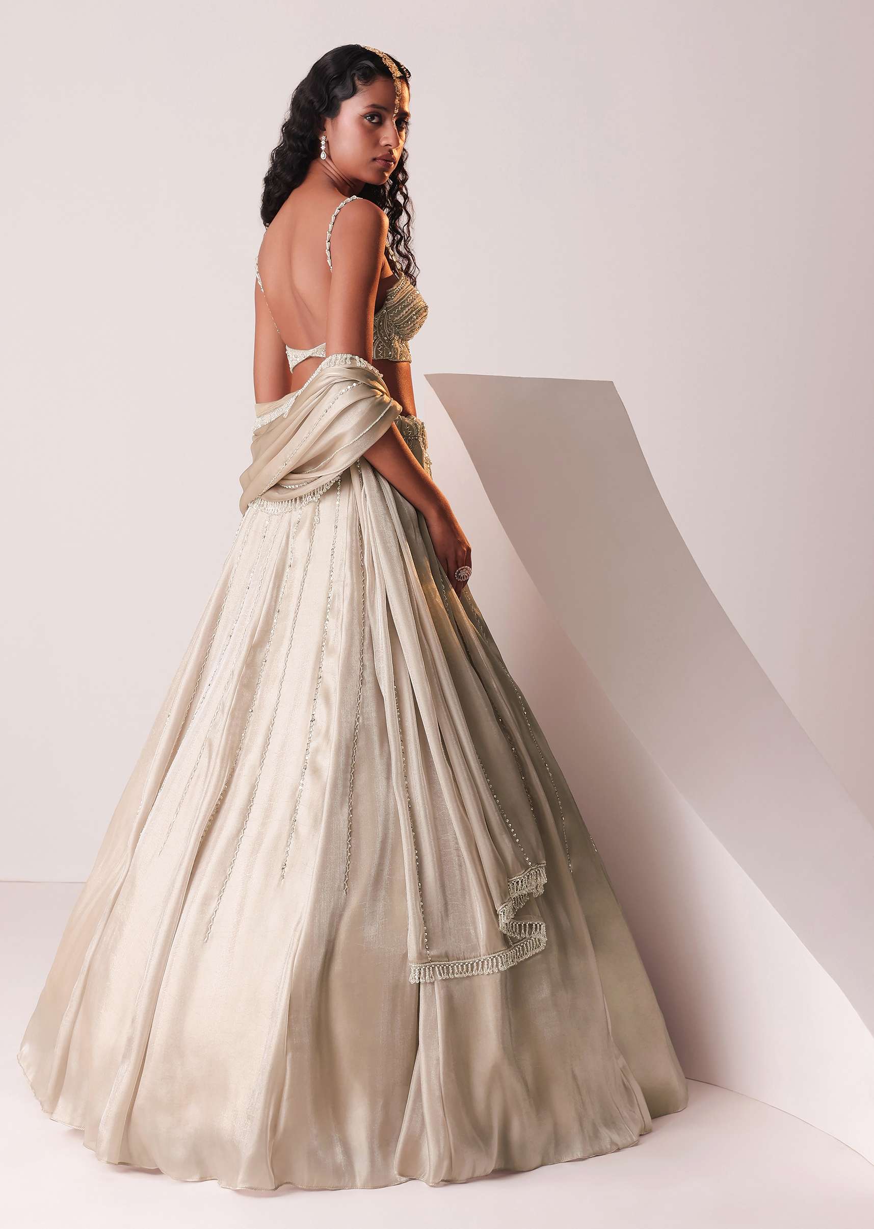 Glam Silver Embroidered Lehenga Set In Organza - Image 7