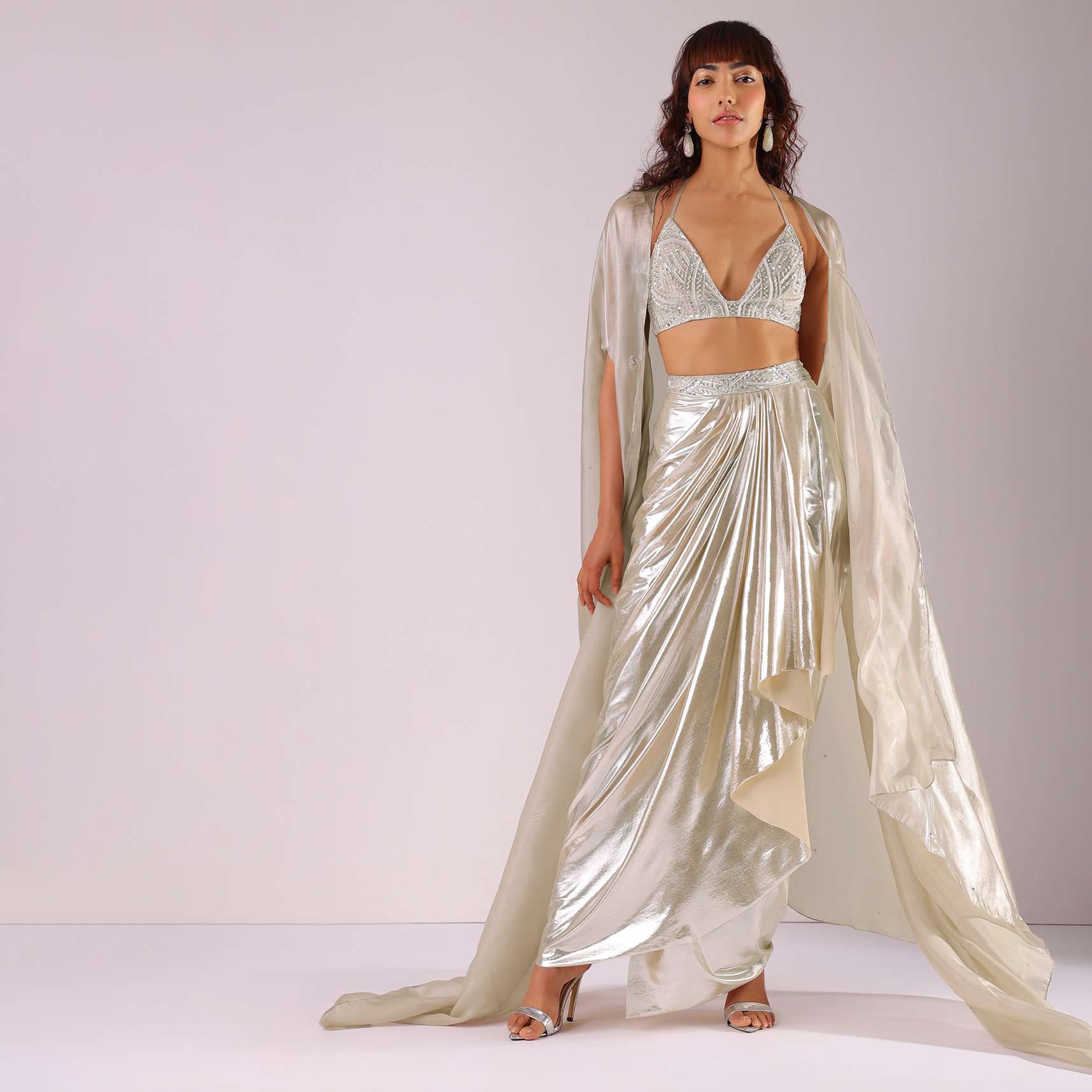 Glam Silver Embroidered Pleated Skirt And Blouse In Lycra With Organza Shrug - Image 2