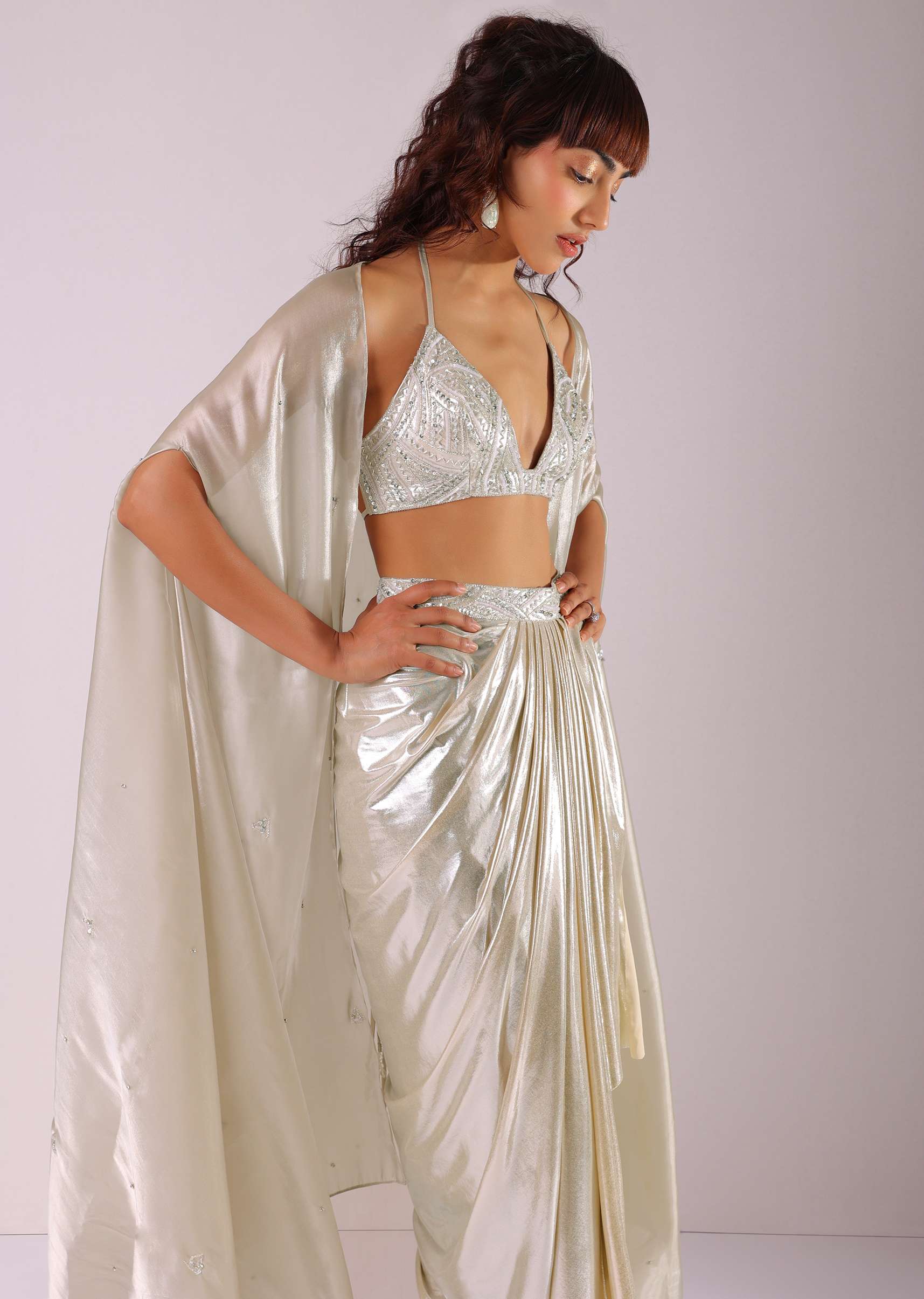 Glam Silver Embroidered Pleated Skirt And Blouse In Lycra With Organza Shrug - Image 3