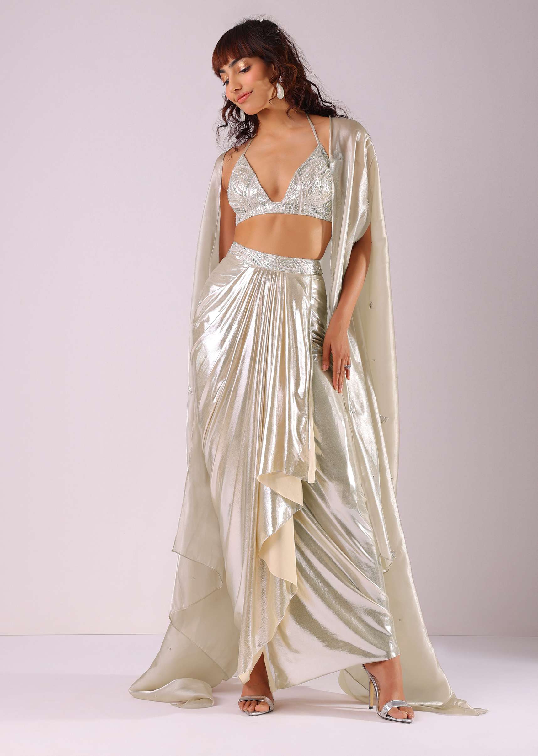 Glam Silver Embroidered Pleated Skirt And Blouse In Lycra With Organza Shrug - Image 4