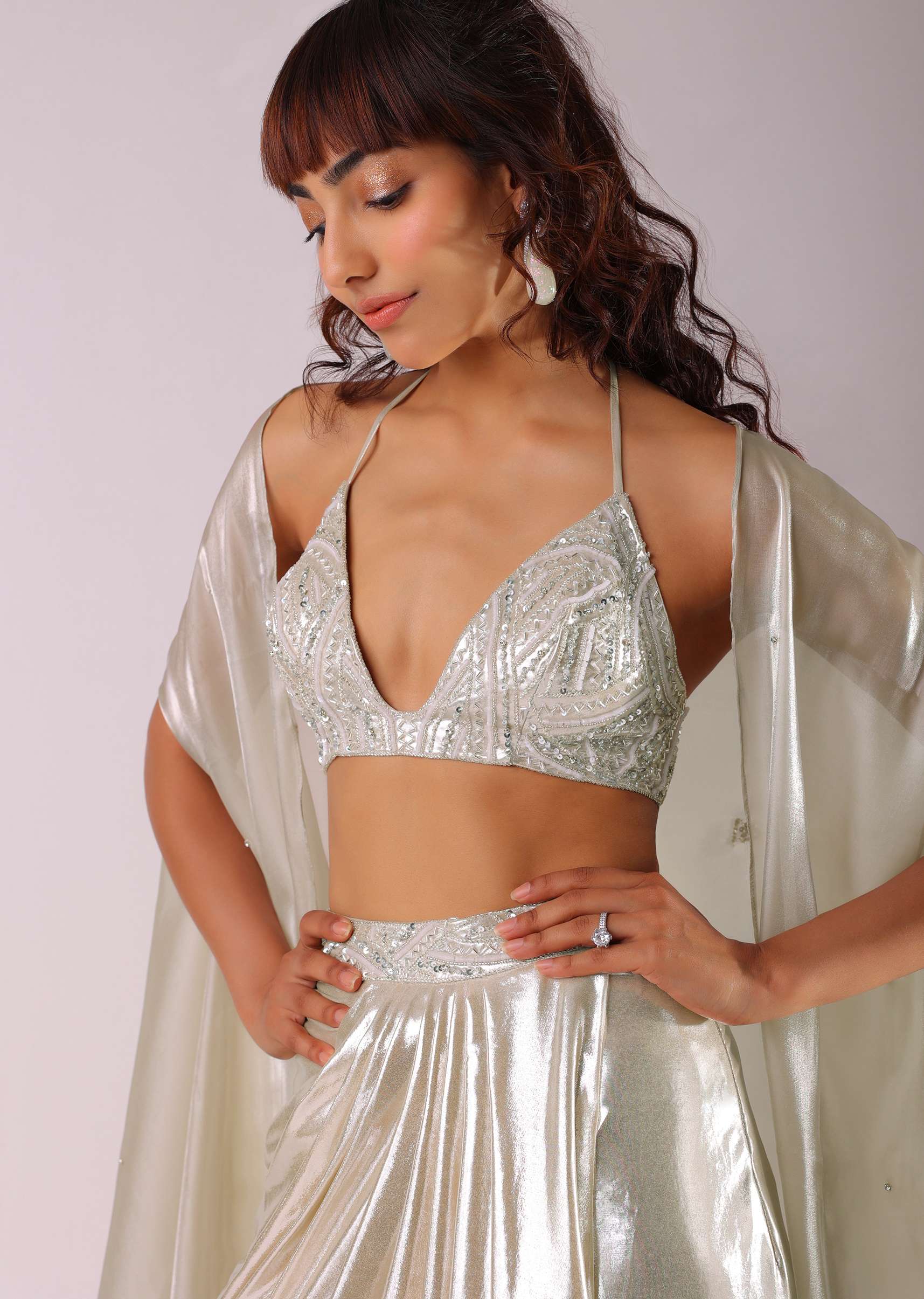 Glam Silver Embroidered Pleated Skirt And Blouse In Lycra With Organza Shrug - Image 5