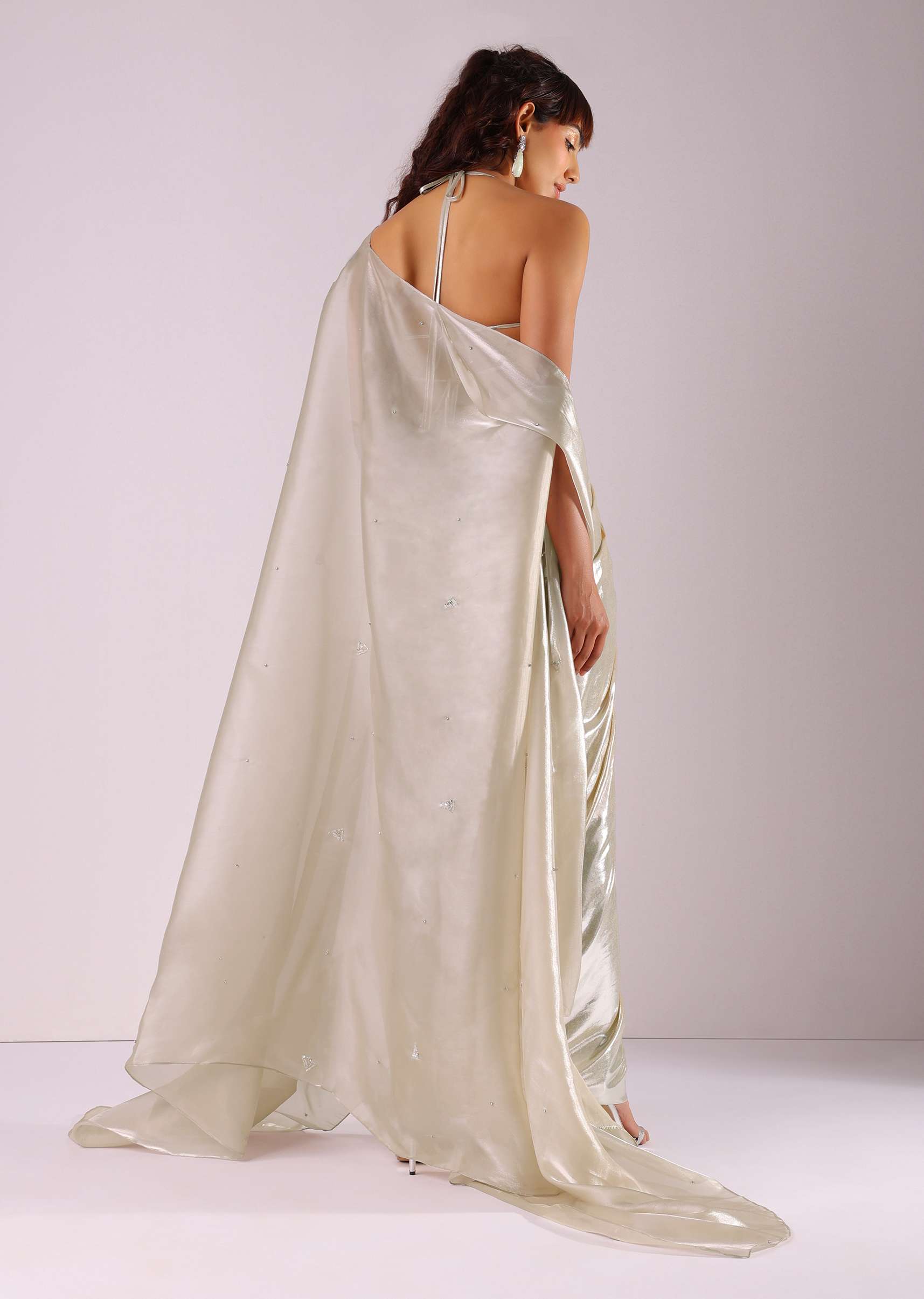 Glam Silver Embroidered Pleated Skirt And Blouse In Lycra With Organza Shrug - Image 6