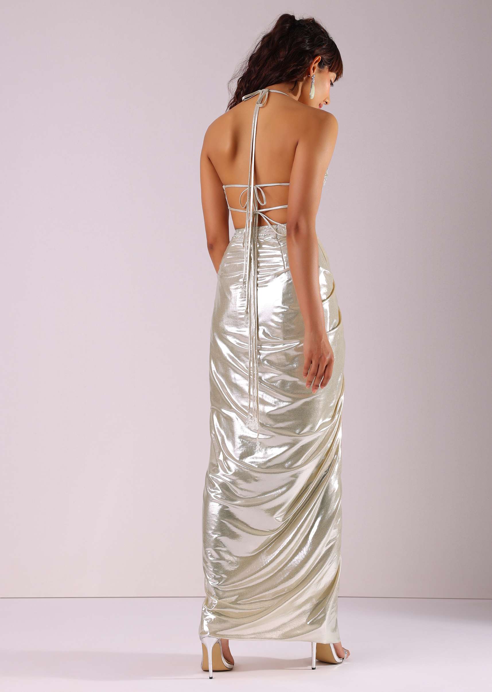 Glam Silver Embroidered Pleated Skirt And Blouse In Lycra With Organza Shrug - Image 8