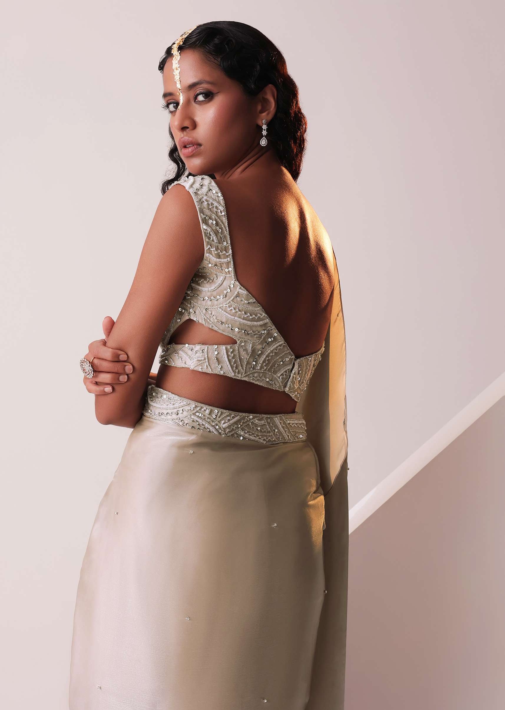 Glam Silver Embroidered Ready-To-Wear Saree In Organza - Image 4
