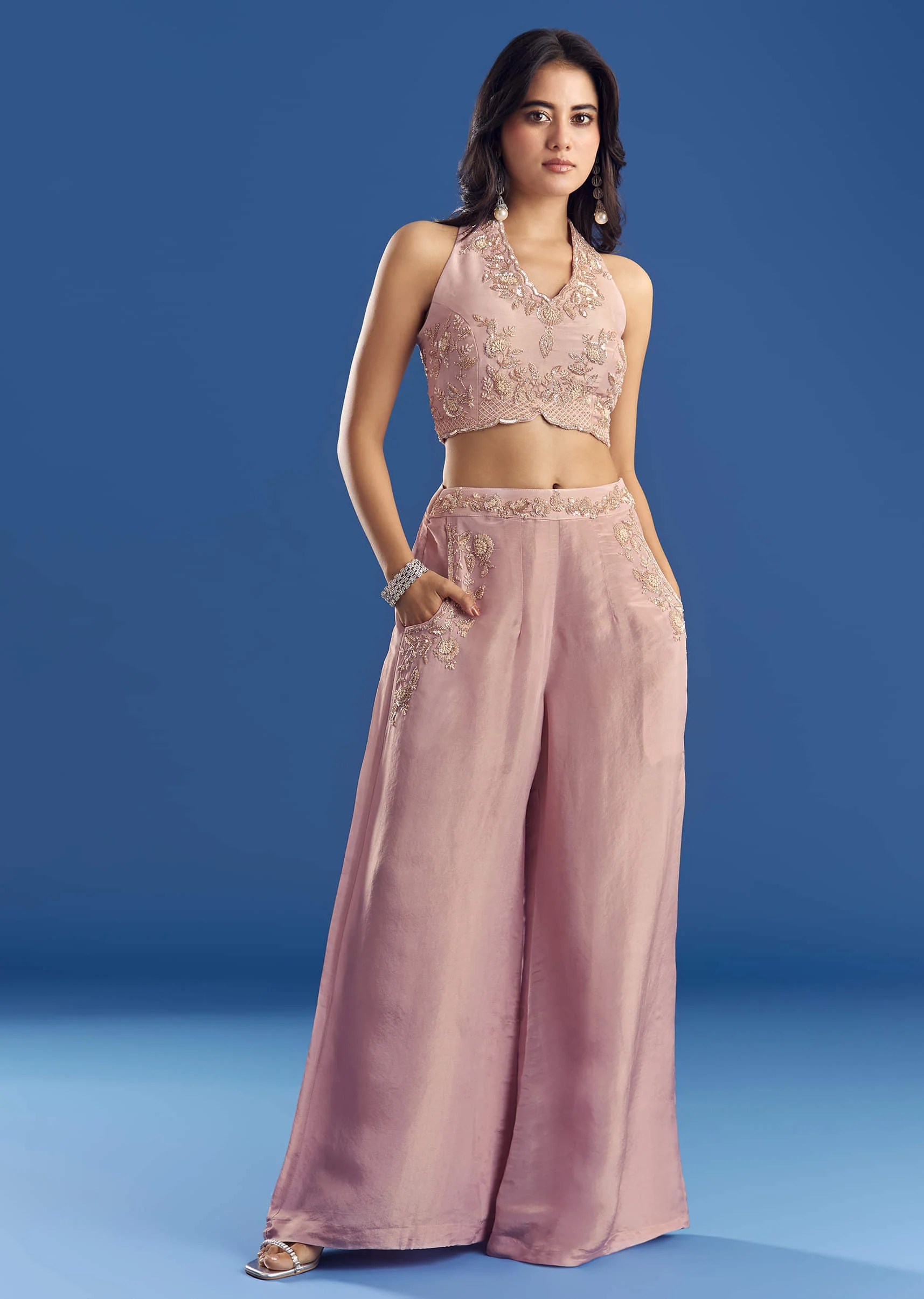 Gleaming Tissue Croptop And Palazzo Set With Beadwork