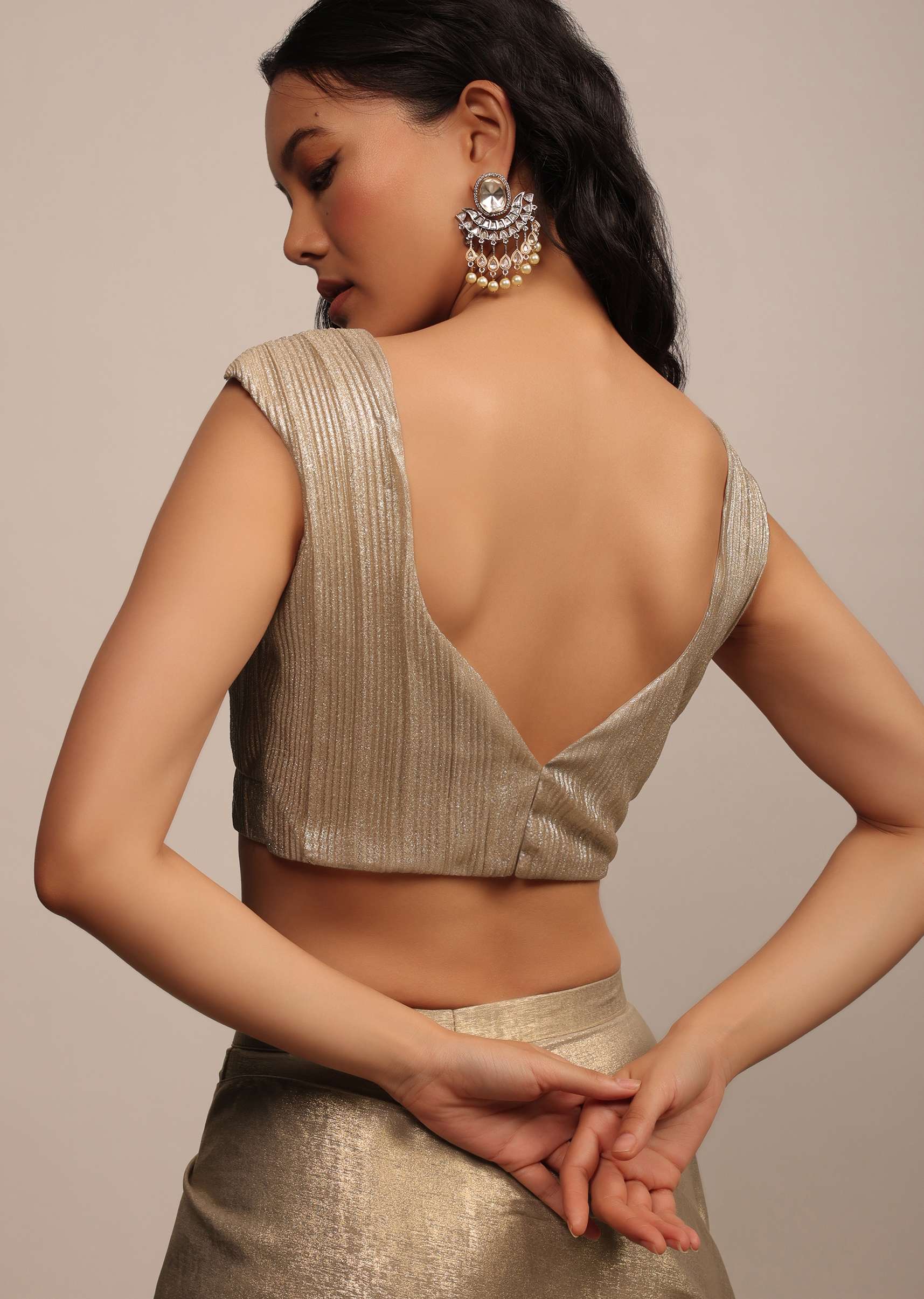 Glittery Gold Cap Sleeve Blouse In Gold Pleated Fabric With A Sweetheart Neckline - Image 2