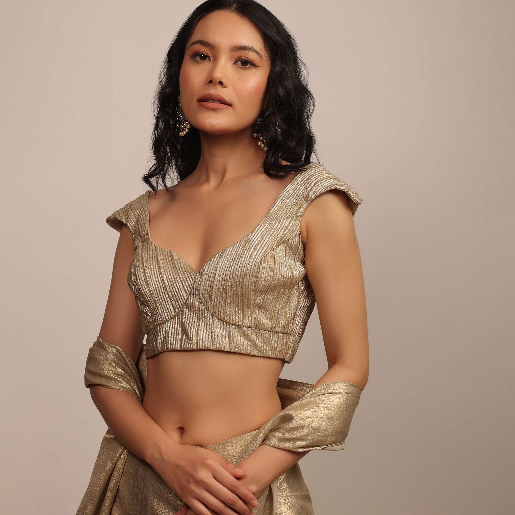 Glittery Gold Cap Sleeve Blouse In Gold Pleated Fabric With A Sweetheart Neckline - Image 3