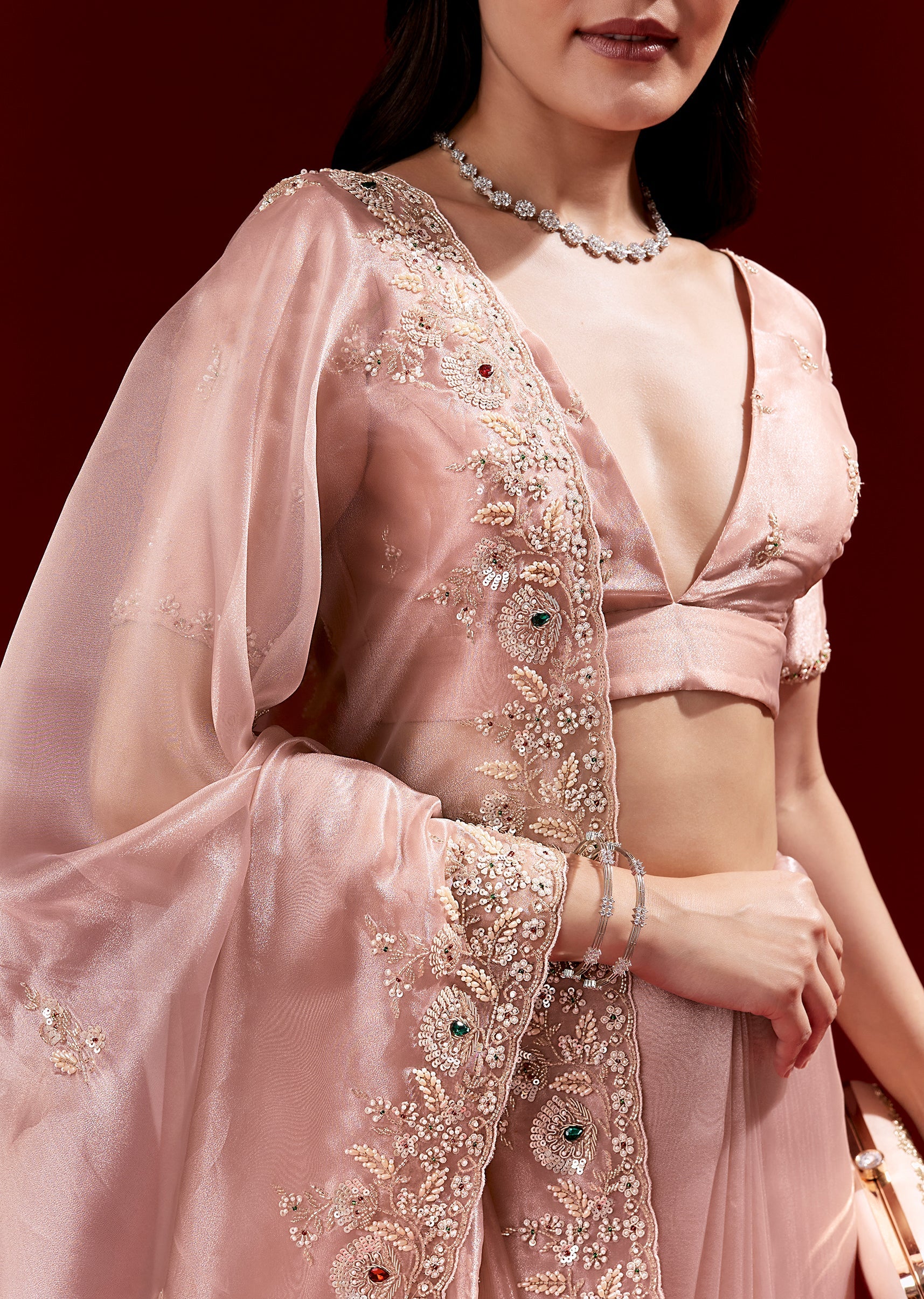 Glossy Peach Tissue Saree With Heavy Embroidered Scalloped Border And Stone Highlights - Image 2