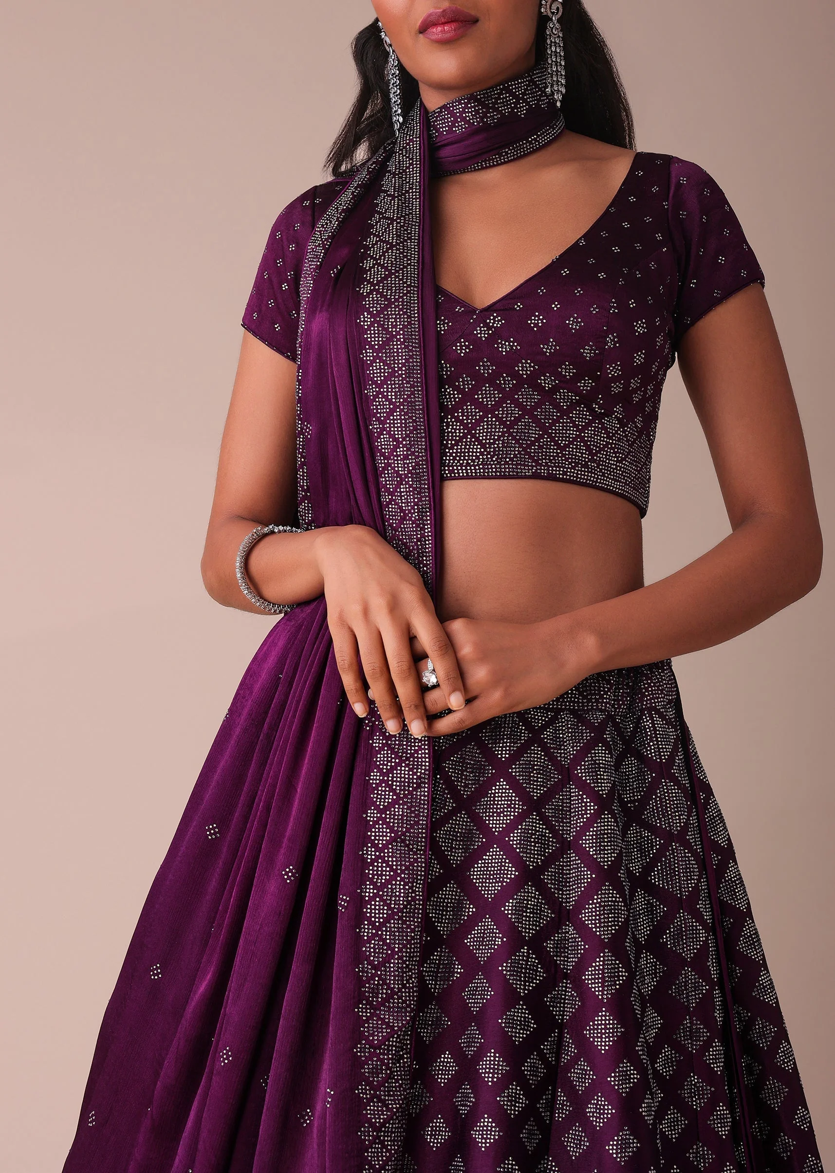 Plum Purple Swarovski Embellished Lehenga In Wrinkle Satin - Image 3