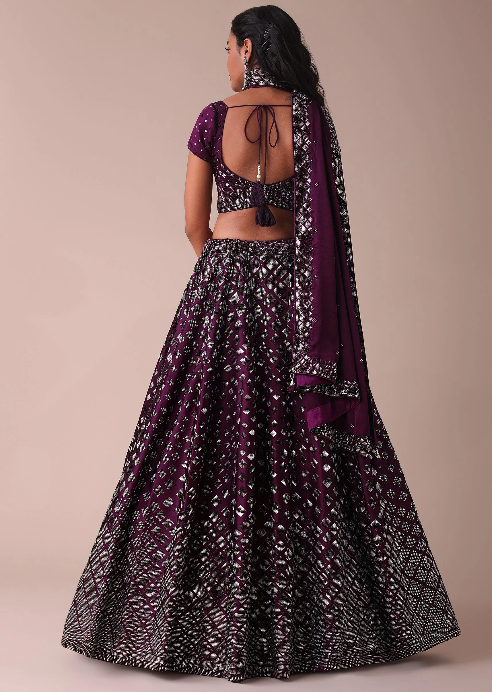 Plum Purple Swarovski Embellished Lehenga In Wrinkle Satin - Image 5