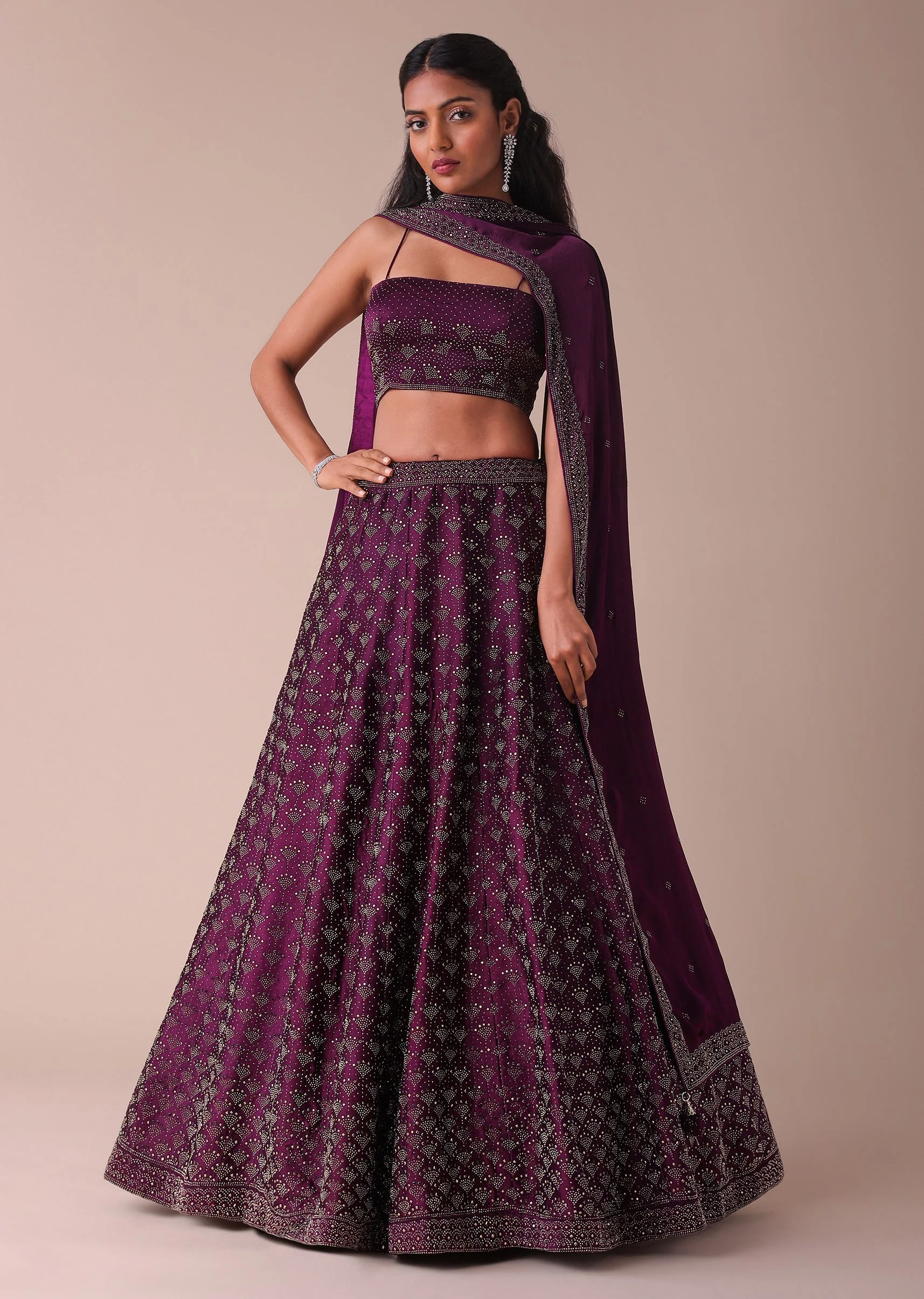 Mulberry Purple Wrinkle Satin Lehenga With Swarovski Crystals - Image 2