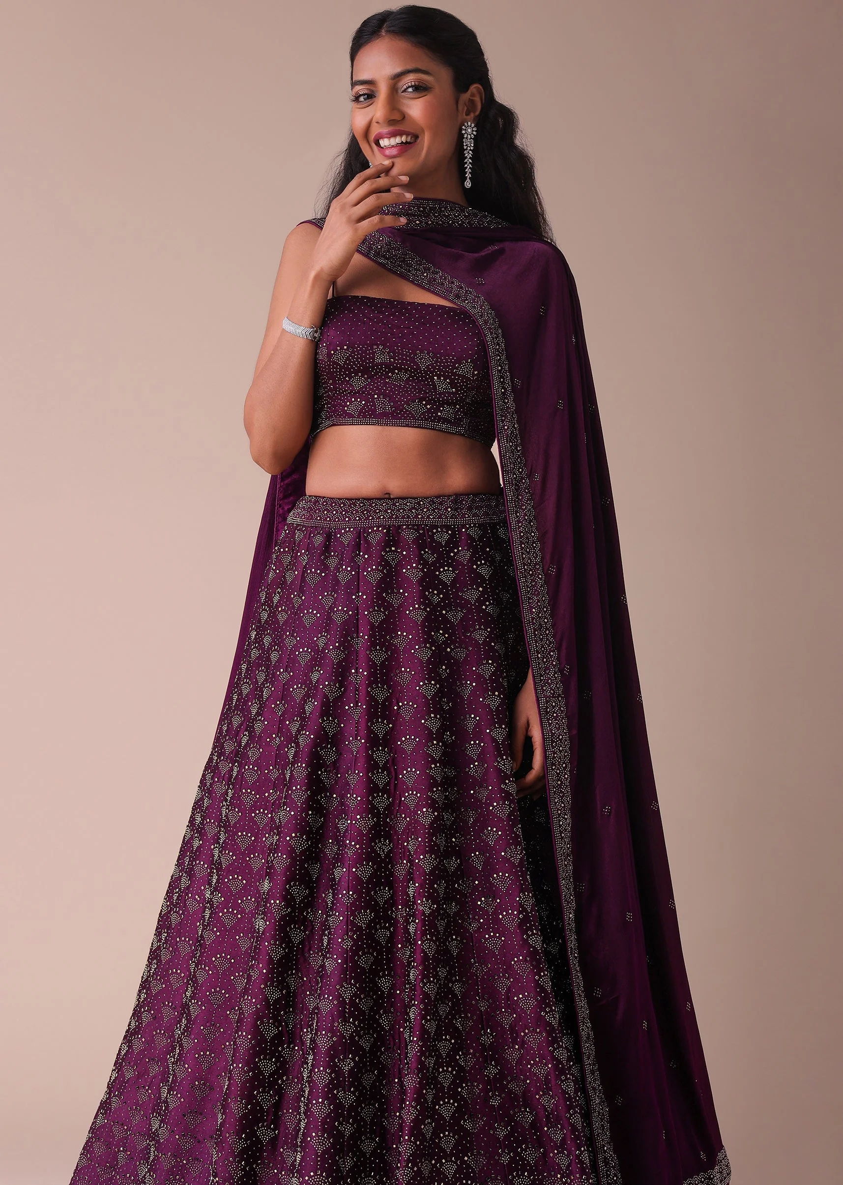 Mulberry Purple Wrinkle Satin Lehenga With Swarovski Crystals - Image 3
