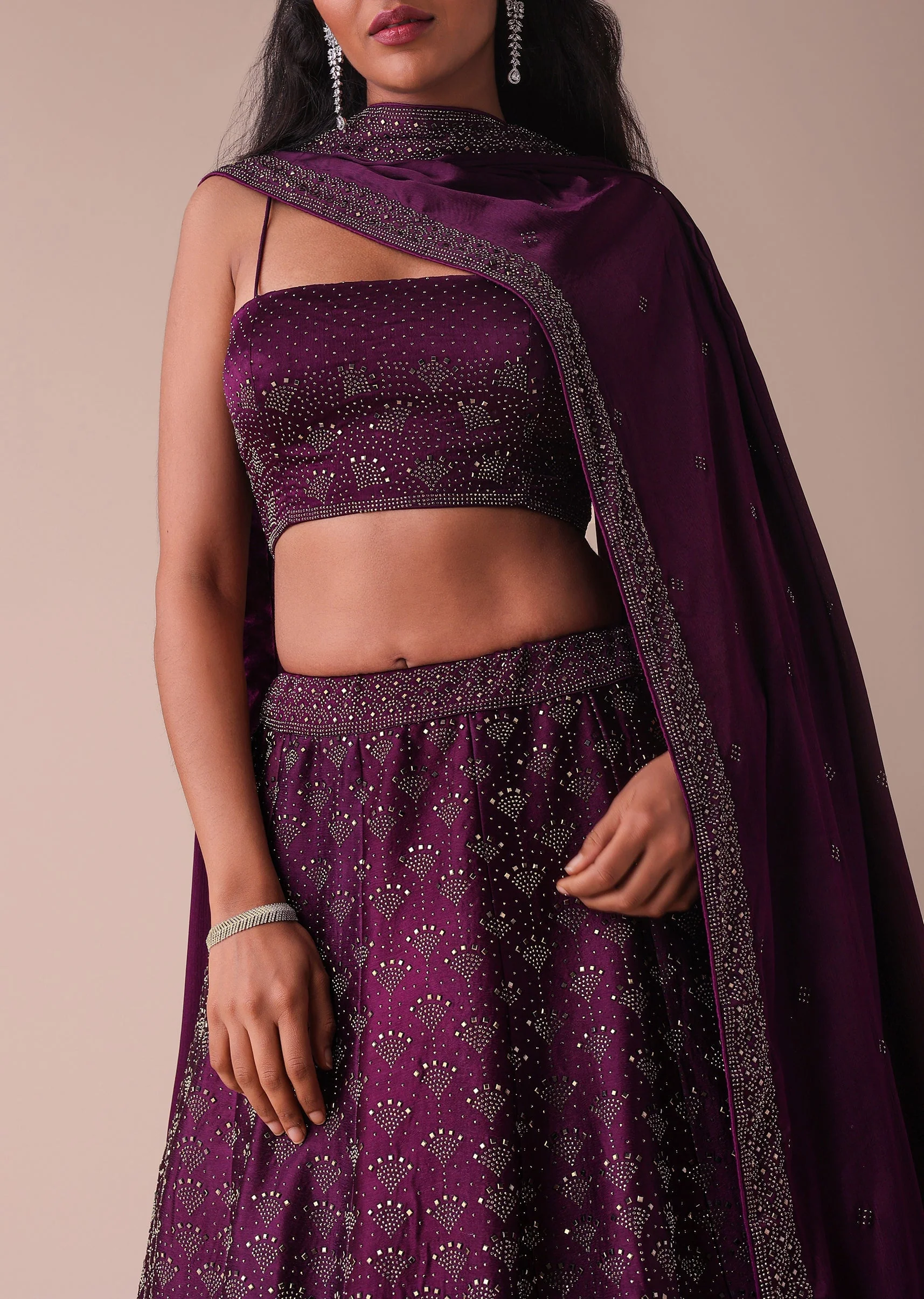 Mulberry Purple Wrinkle Satin Lehenga With Swarovski Crystals - Image 4