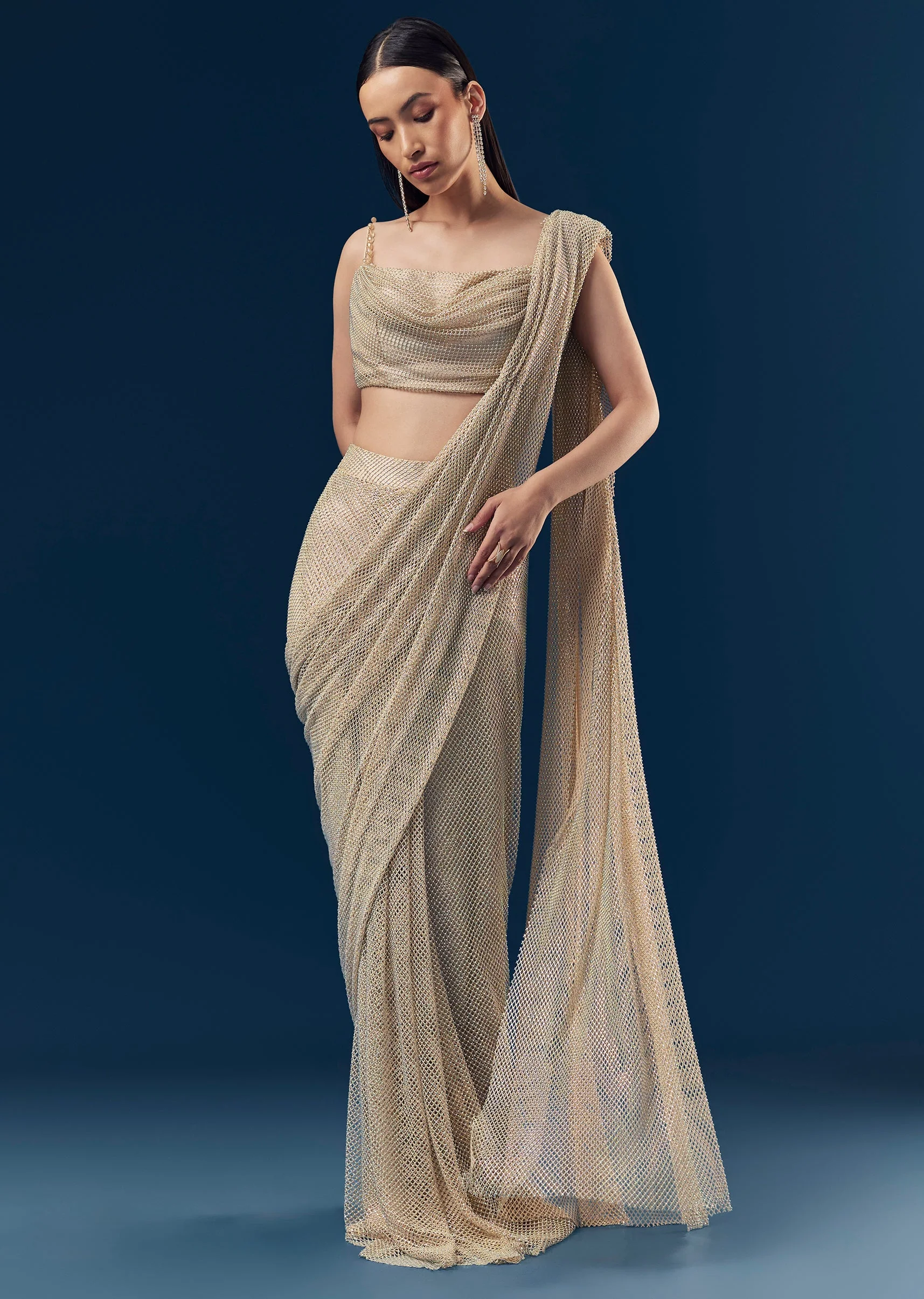 Gold And Beige Satin Ready Pleated Saree With Stone Detail Work