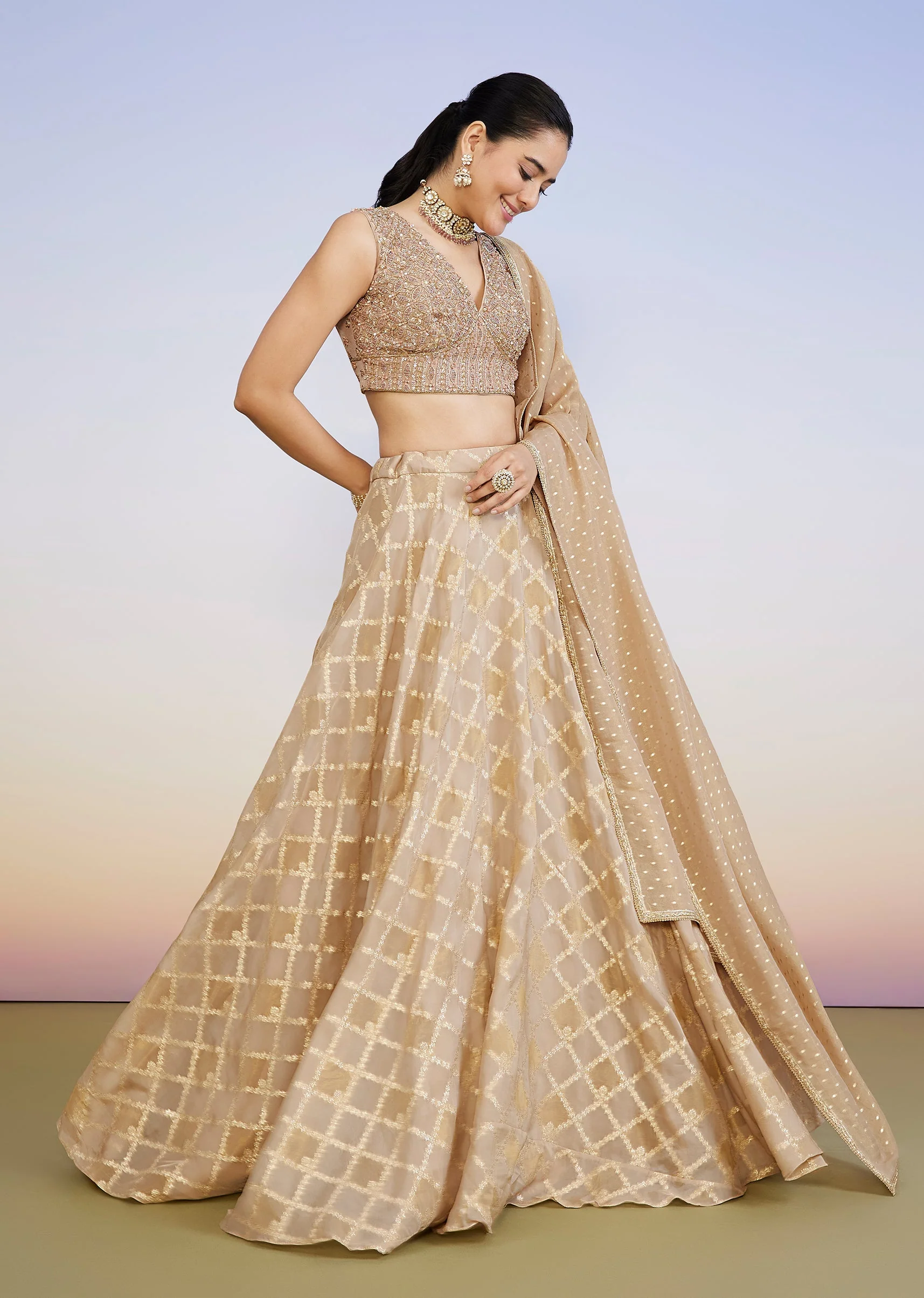 Gold And Blush Pink Organza Banarasi Lehenga - Image 4