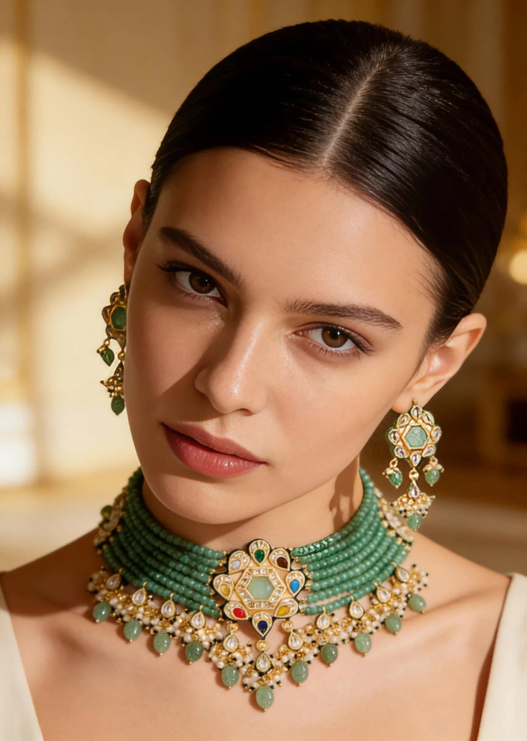 Gold And Green Beaded Choker Necklace Set