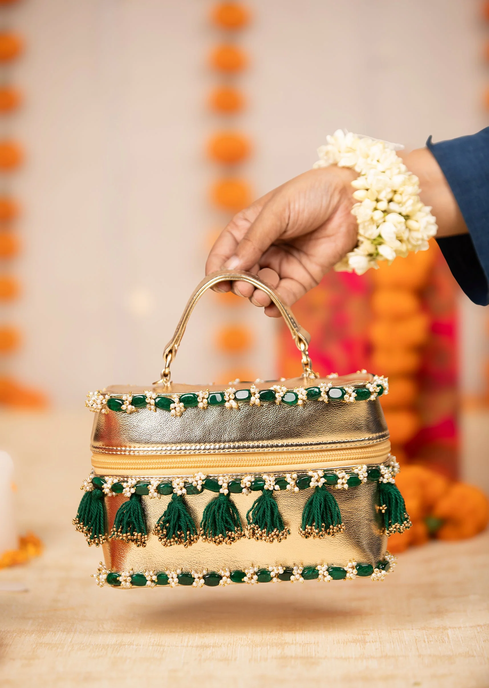 Gold and Green Tassel Drop Bead Embroidered Potli Bucket Bag