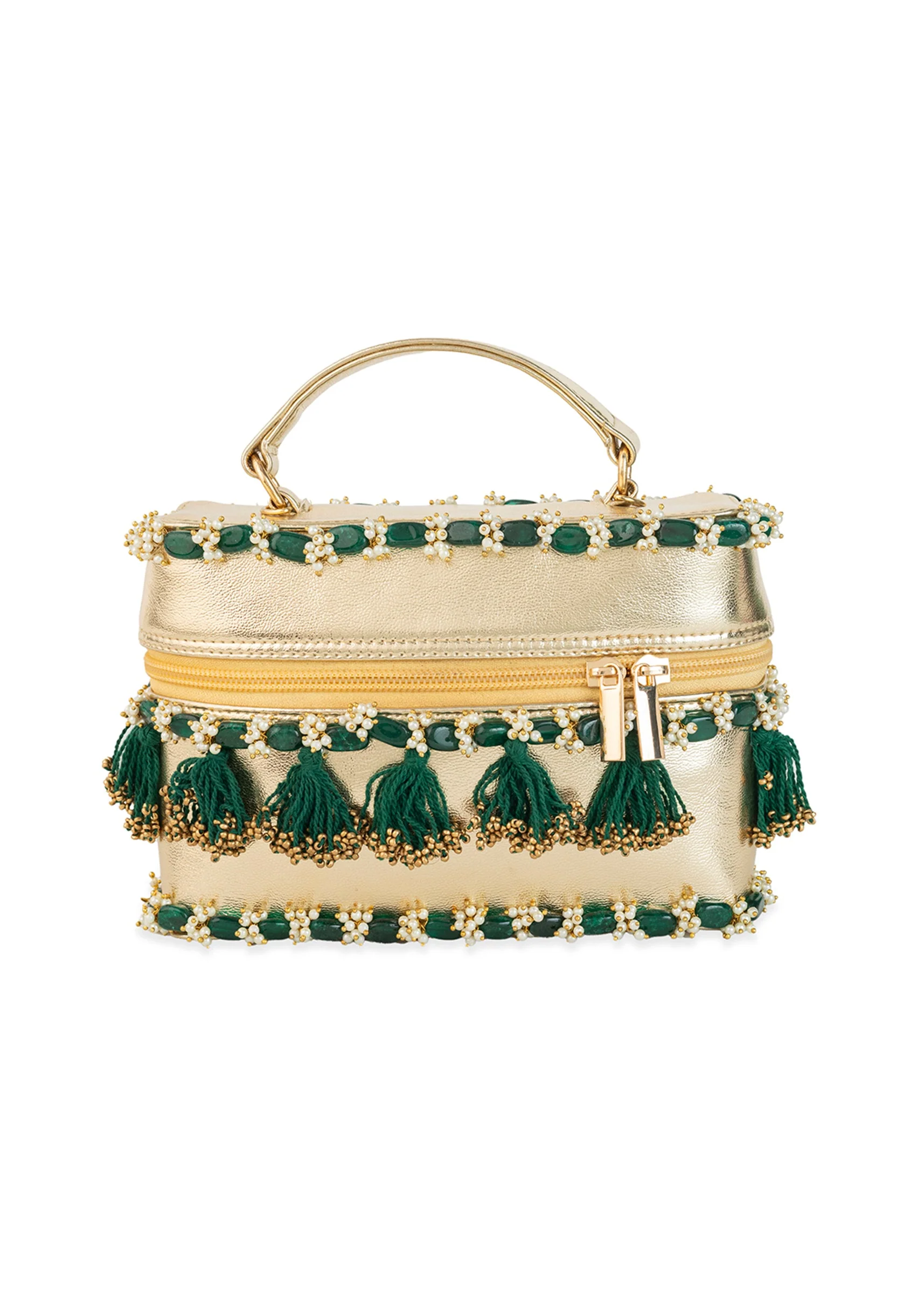Gold and Green Tassel Drop Bead Embroidered Potli Bucket Bag - Image 2