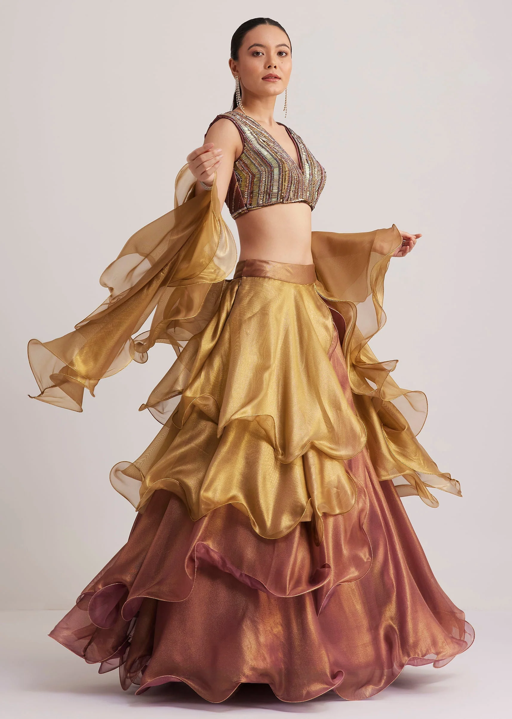 Gold And Mauve Organza Embellished Lehenga Set - Image 3