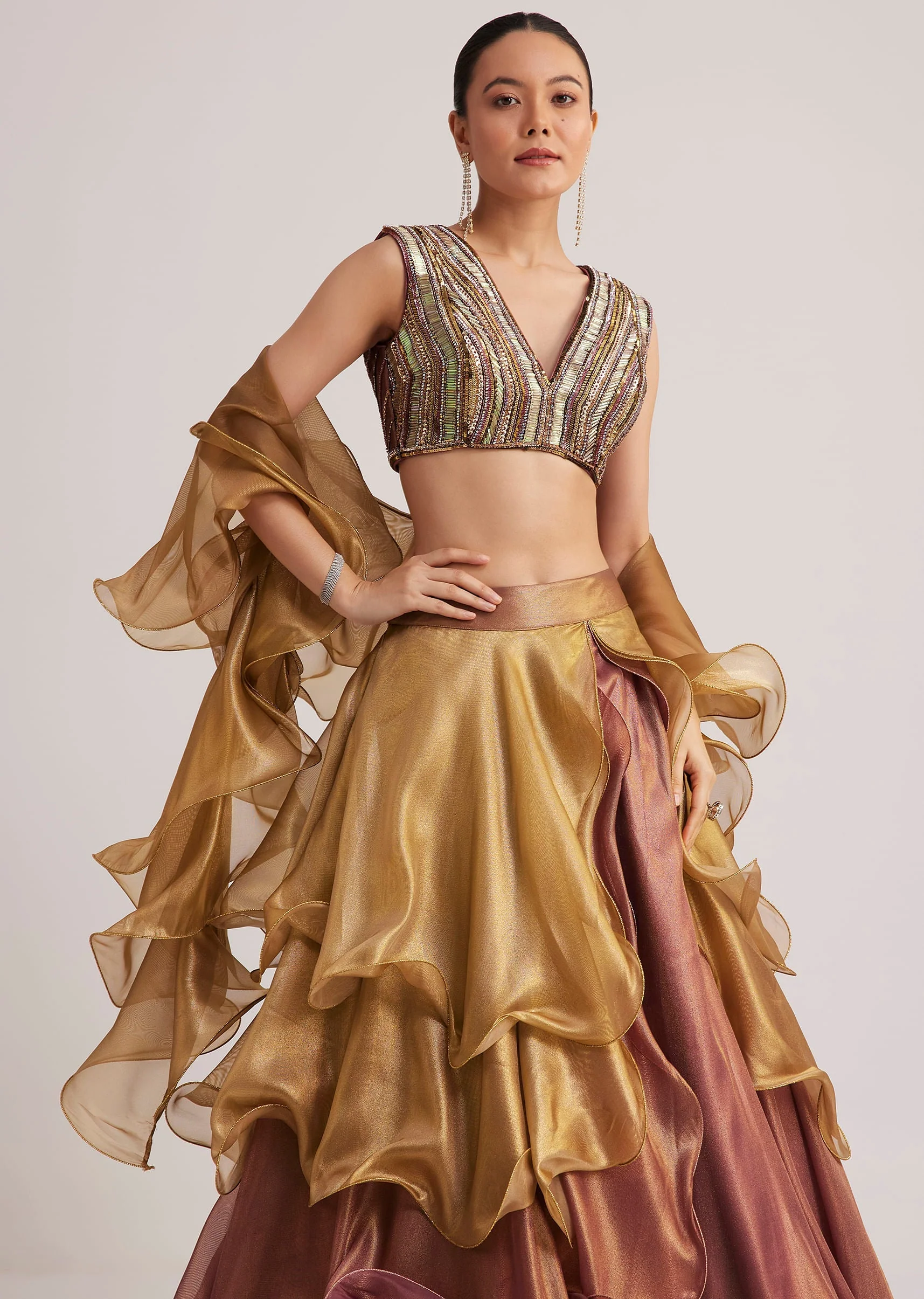 Gold And Mauve Organza Embellished Lehenga Set - Image 4