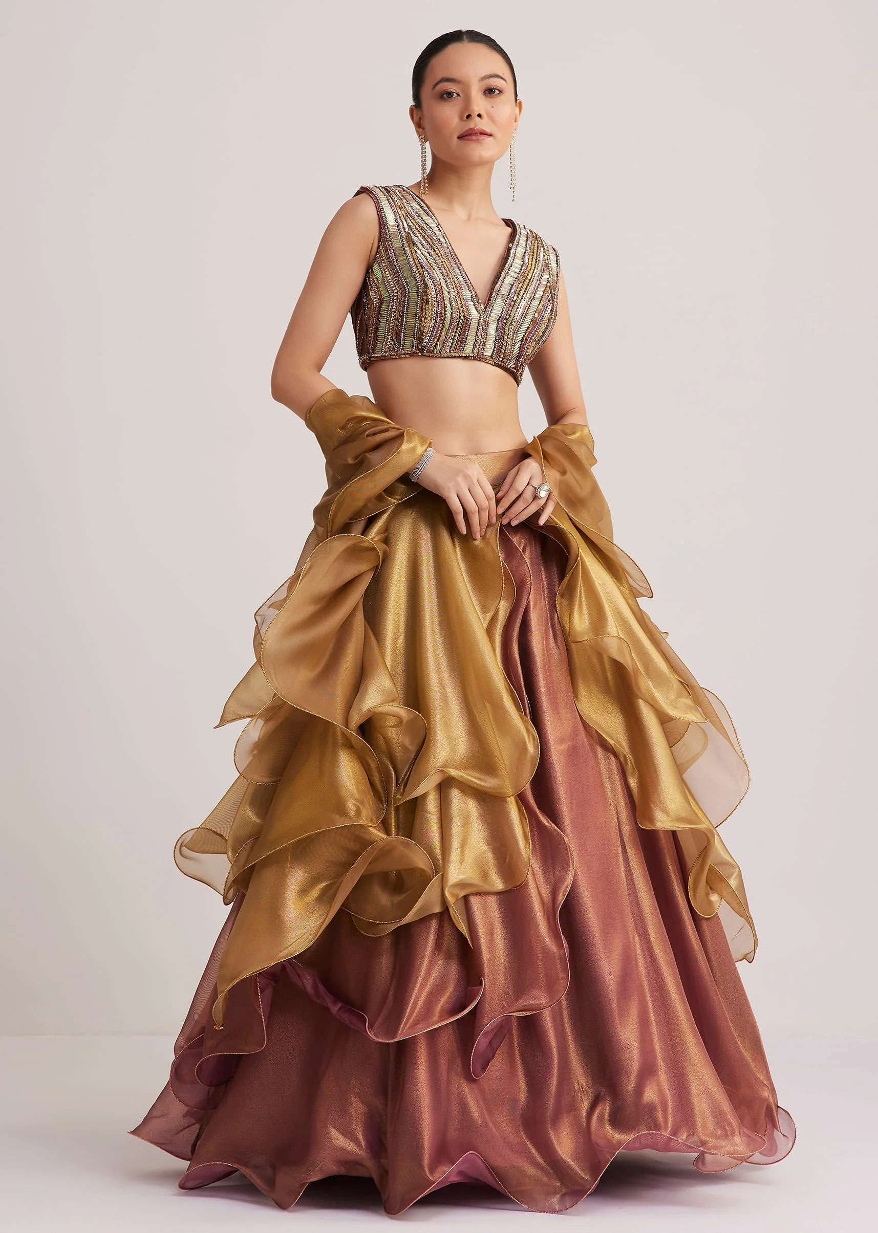 Gold And Mauve Organza Embellished Lehenga Set - Image 5