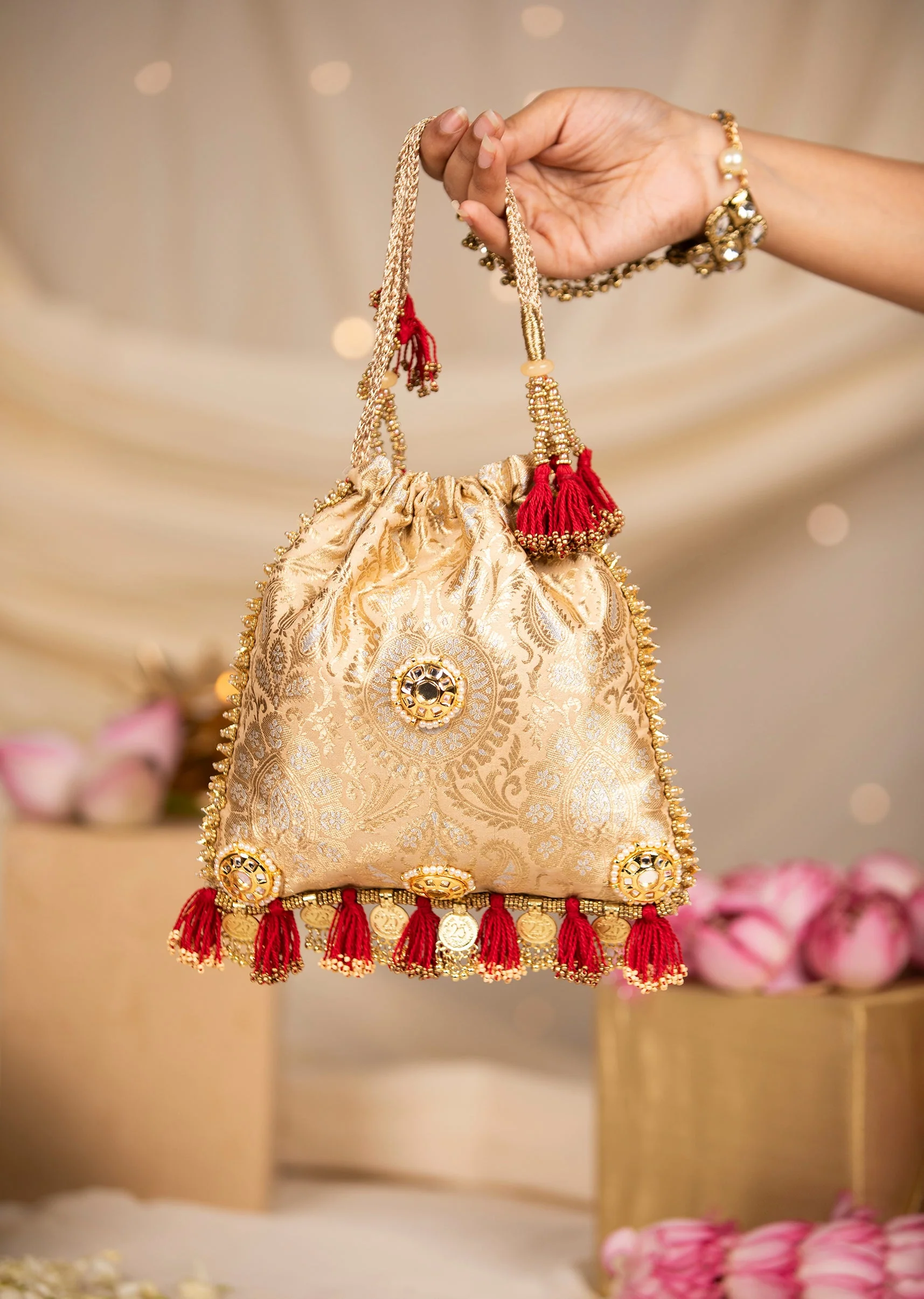 Gold and Red Floral Motif Kundan Embellished Potli Bag