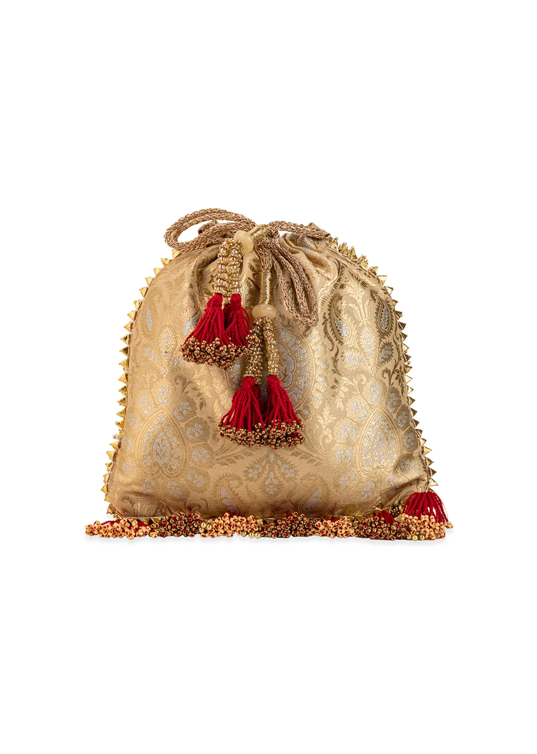Gold and Red Floral Motif Kundan Embellished Potli Bag - Image 2