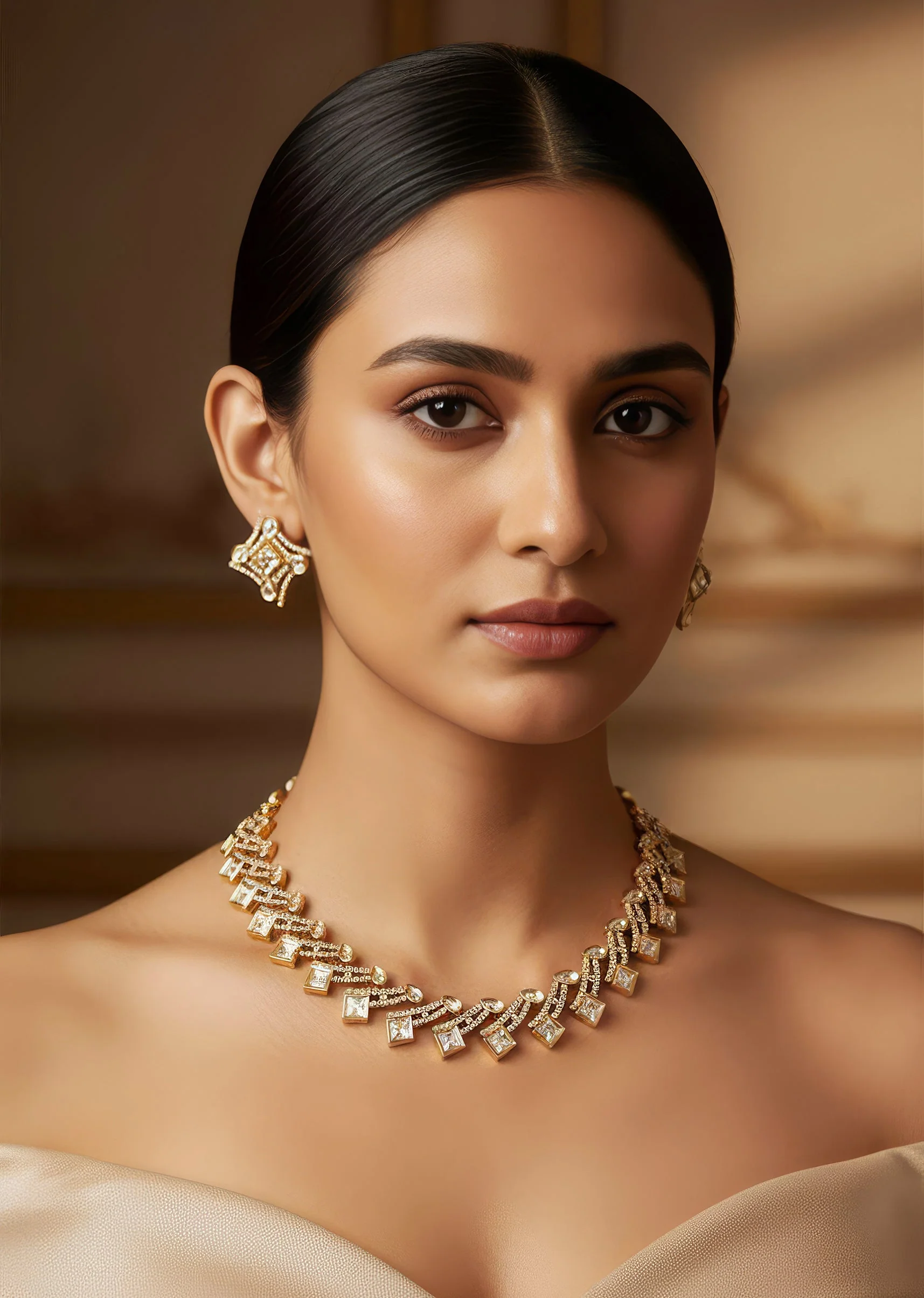 Gold and White Polki Necklace Set in Traditional Kundan Jadau