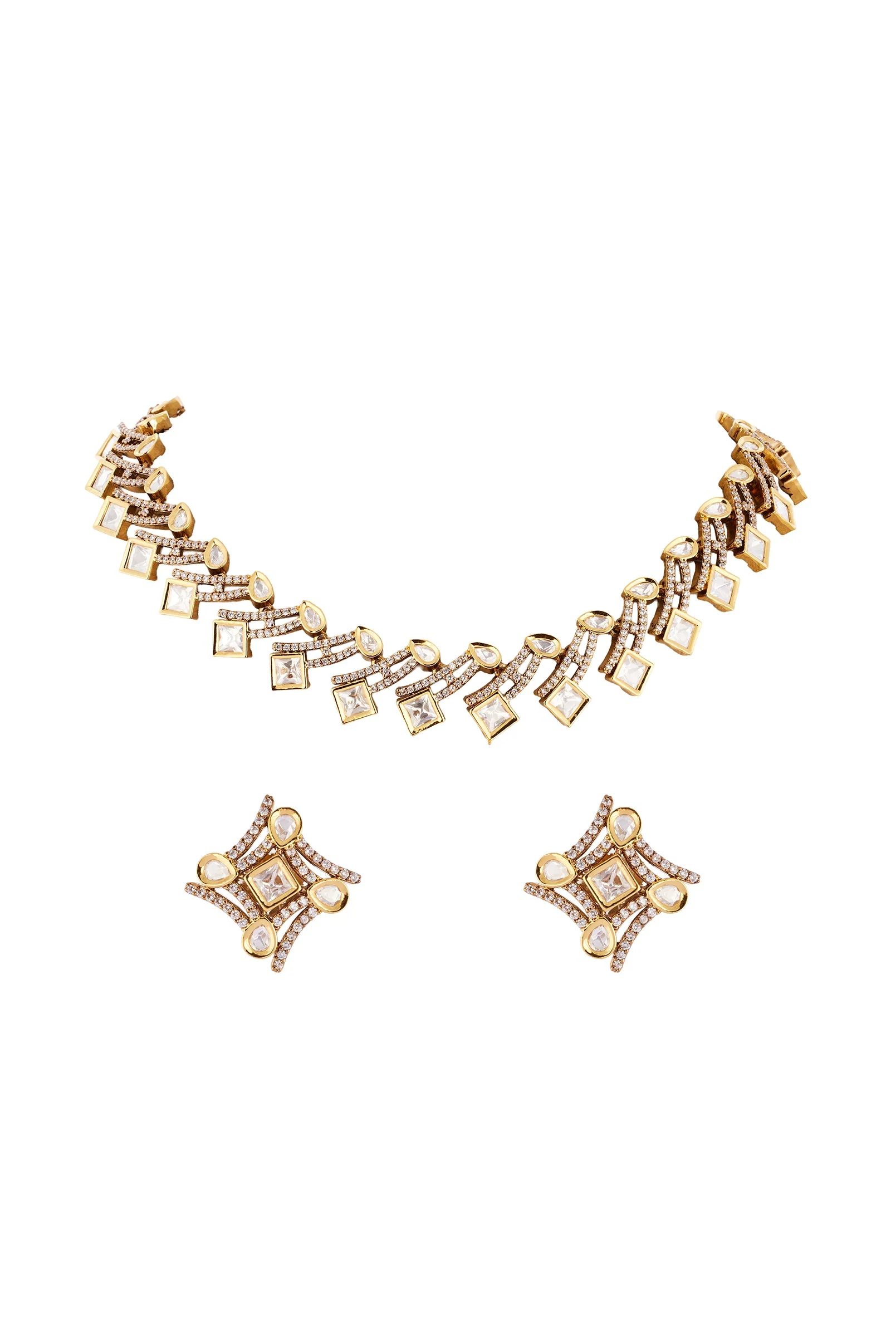 Gold and White Polki Necklace Set in Traditional Kundan Jadau - Image 2