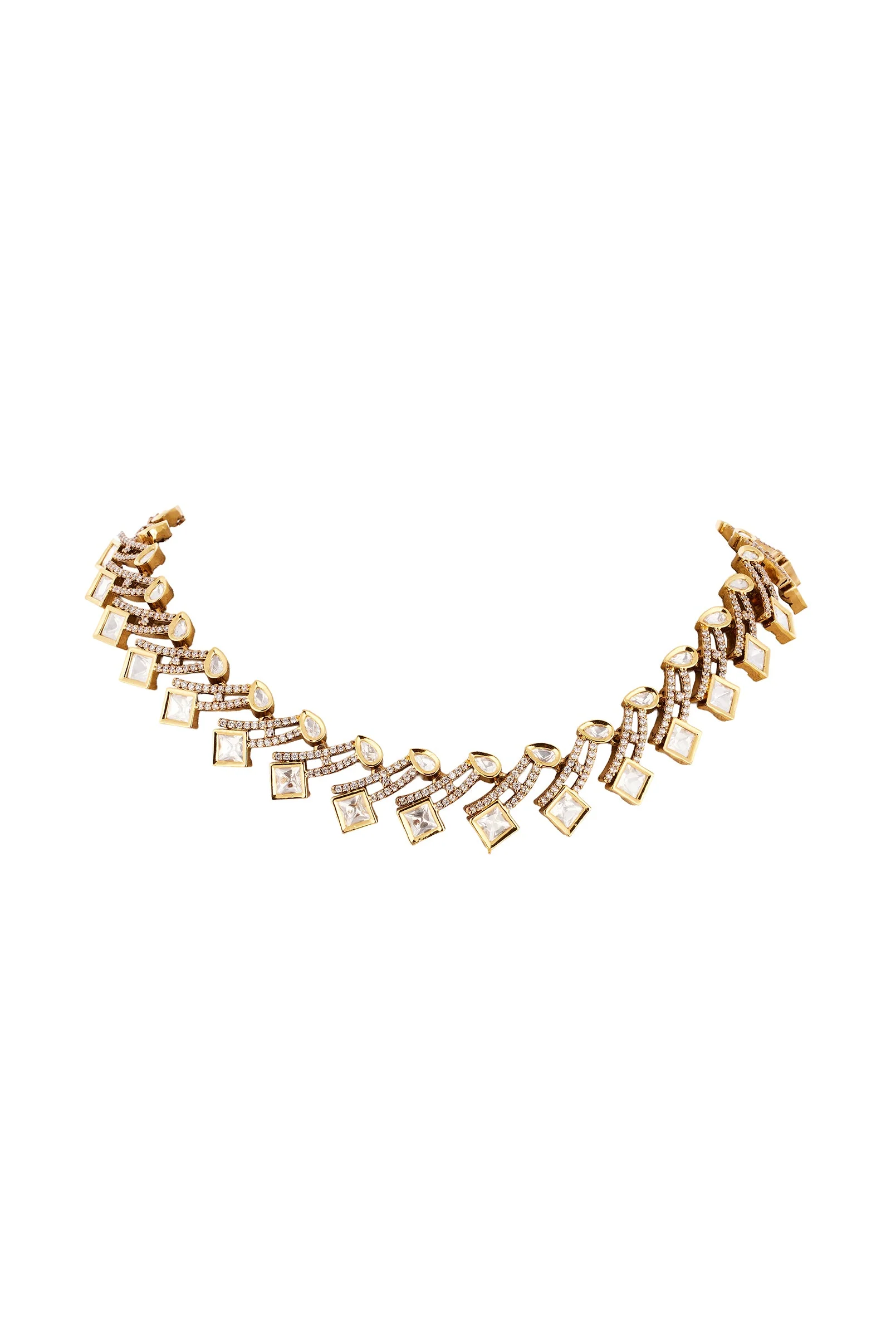 Gold and White Polki Necklace Set in Traditional Kundan Jadau - Image 3