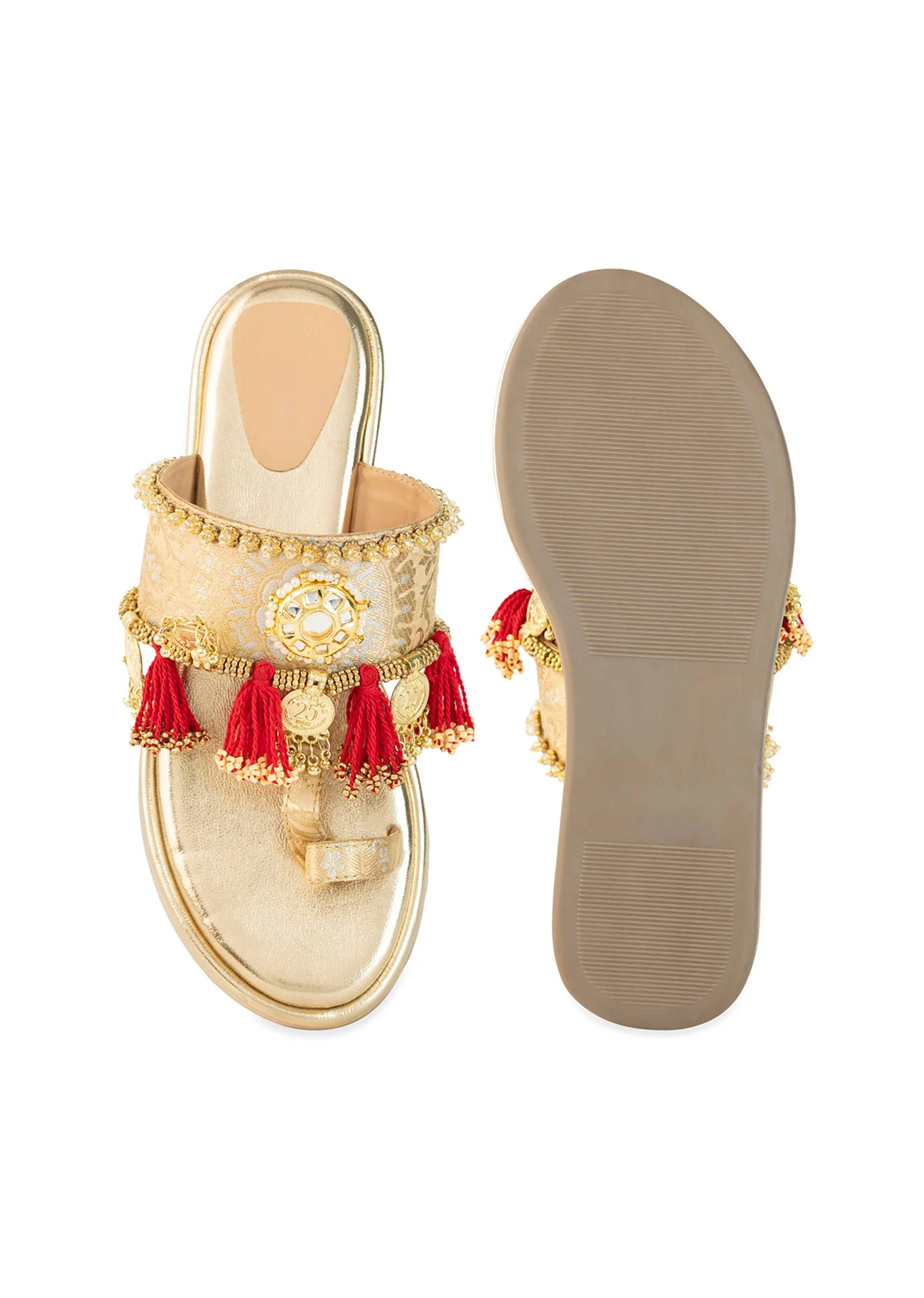 Gold Antique Coin Embellished Tassel Wedges - Image 4