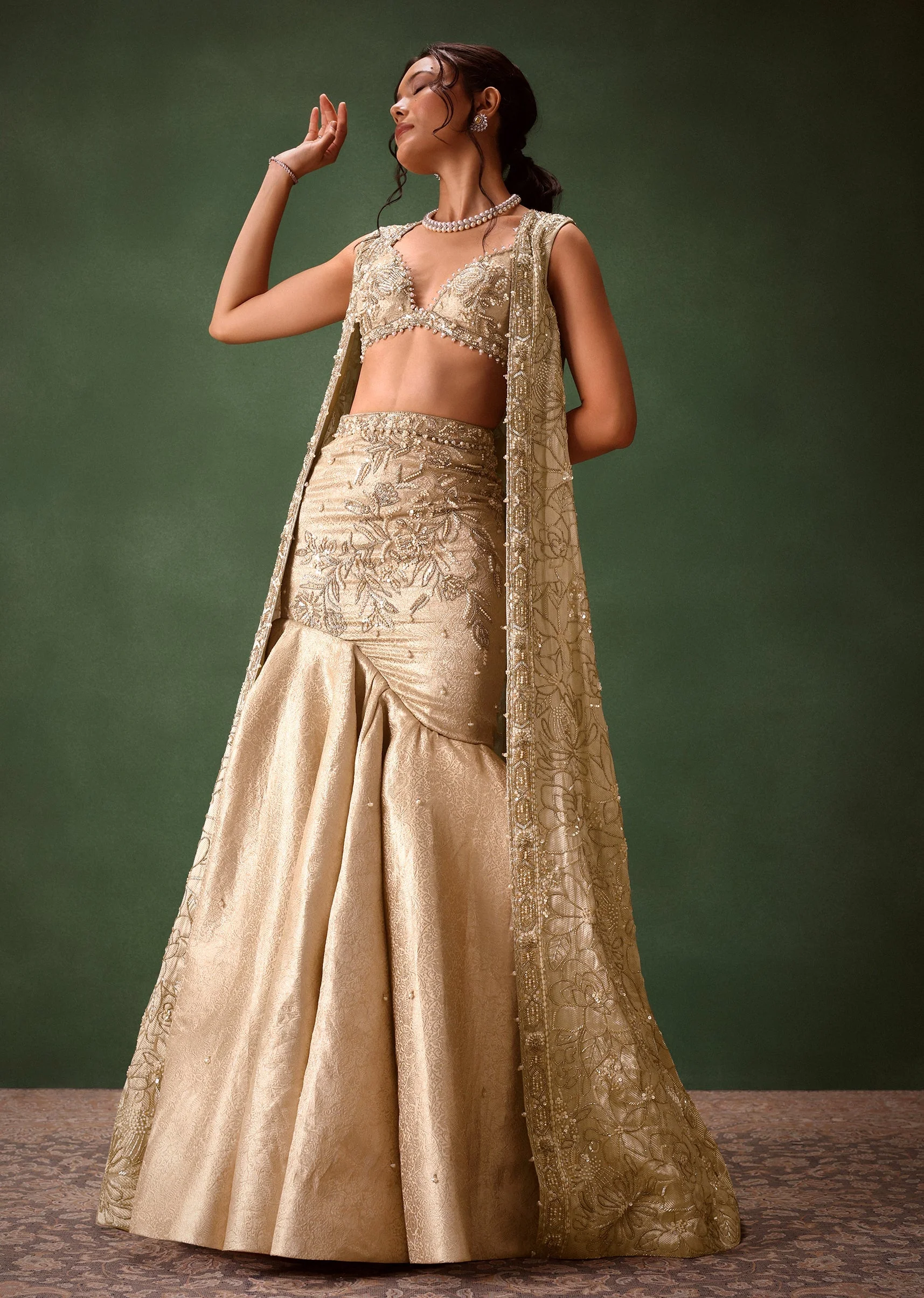 Gold Banarasi Embroidered Long Jacket With Sleeveless Blouse And Fishcut Lehenga - Image 2