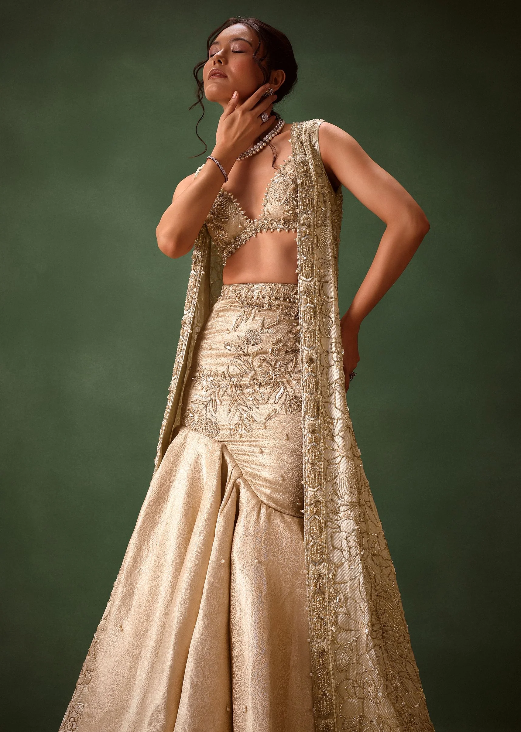 Gold Banarasi Embroidered Long Jacket With Sleeveless Blouse And Fishcut Lehenga - Image 3
