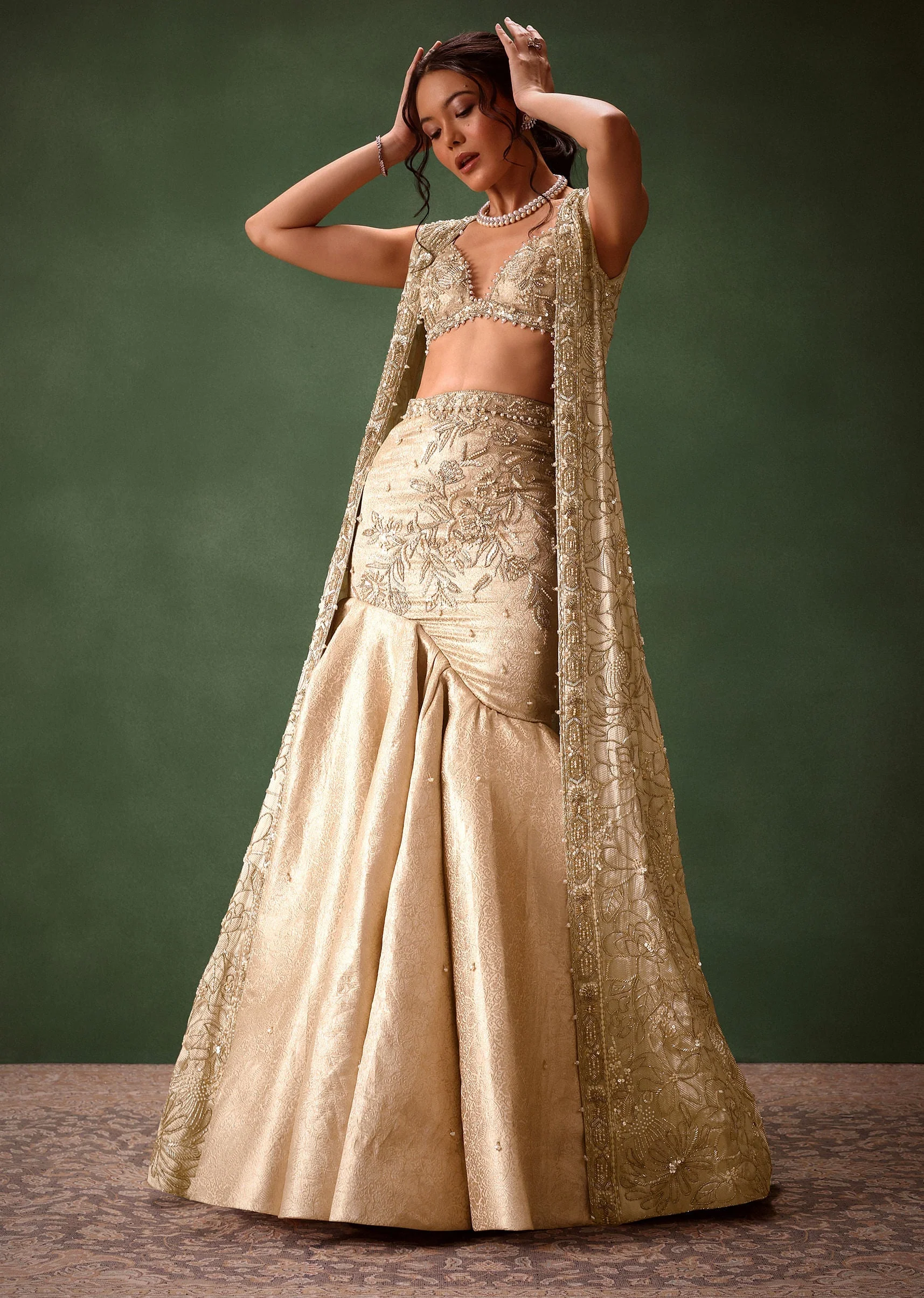 Gold Banarasi Embroidered Long Jacket With Sleeveless Blouse And Fishcut Lehenga - Image 4