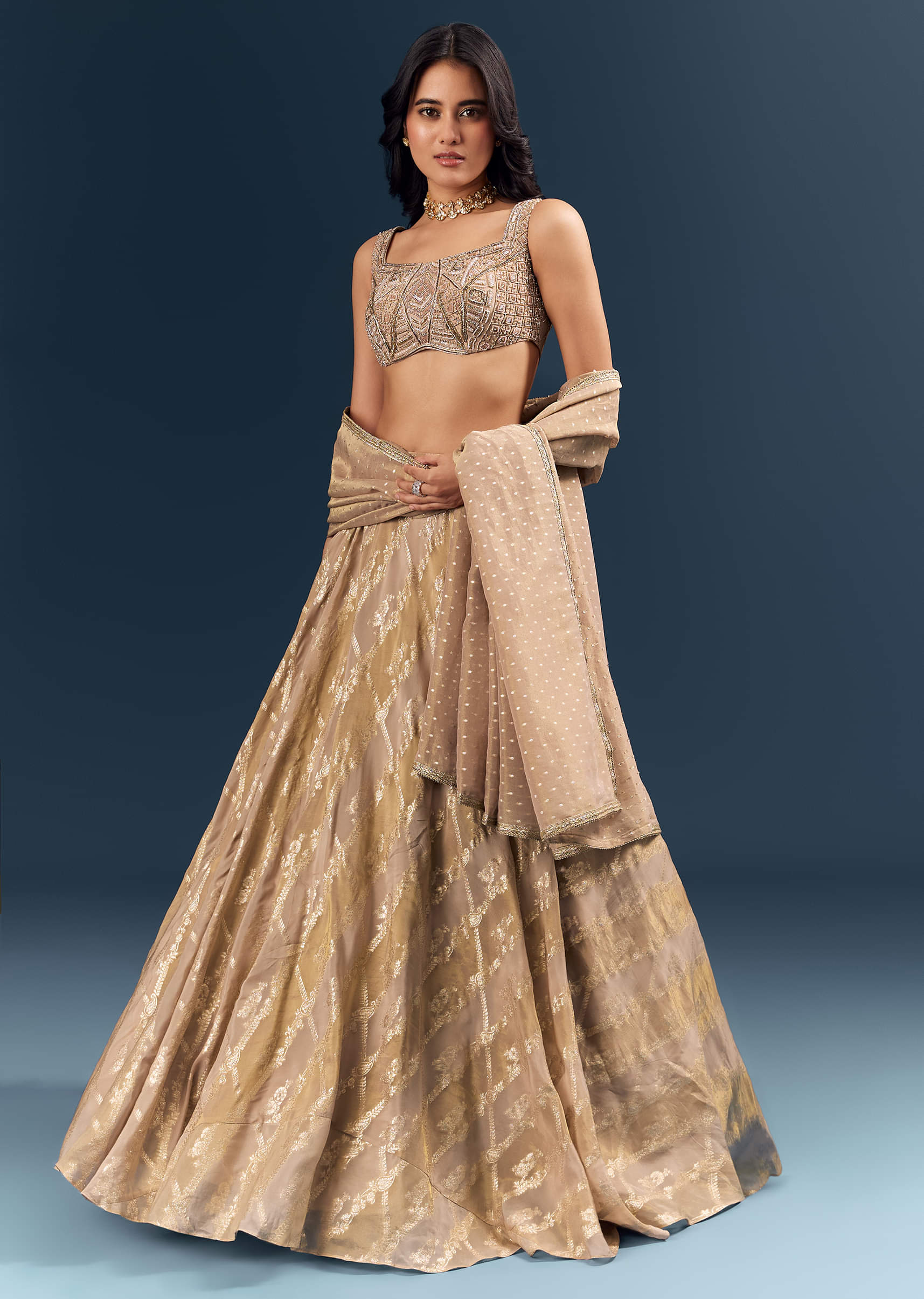 Gold Banarasi Silk Bridesmaid Lehenga With Heavy Hand Embroidery - Image 4