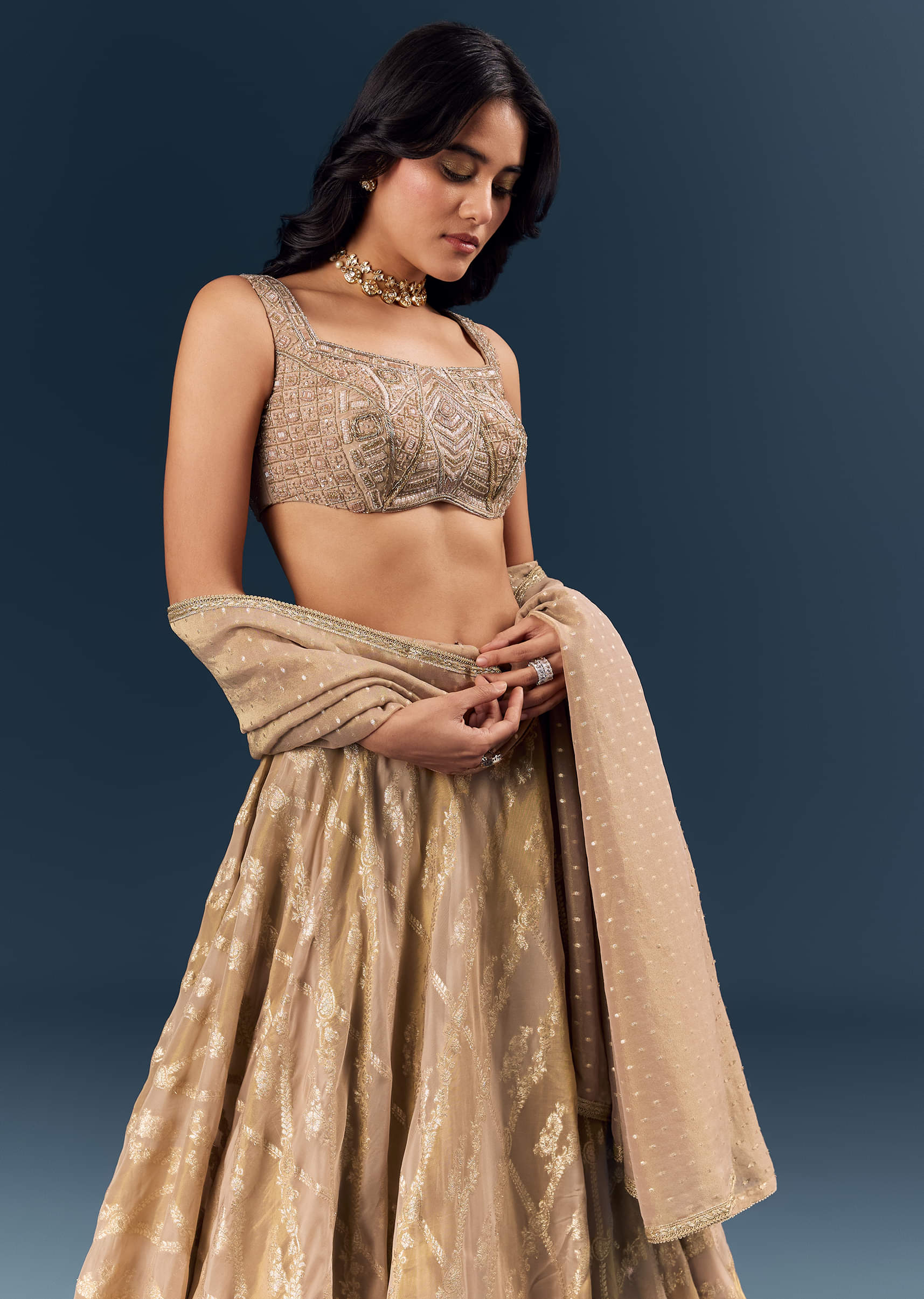 Gold Banarasi Silk Bridesmaid Lehenga With Heavy Hand Embroidery - Image 5