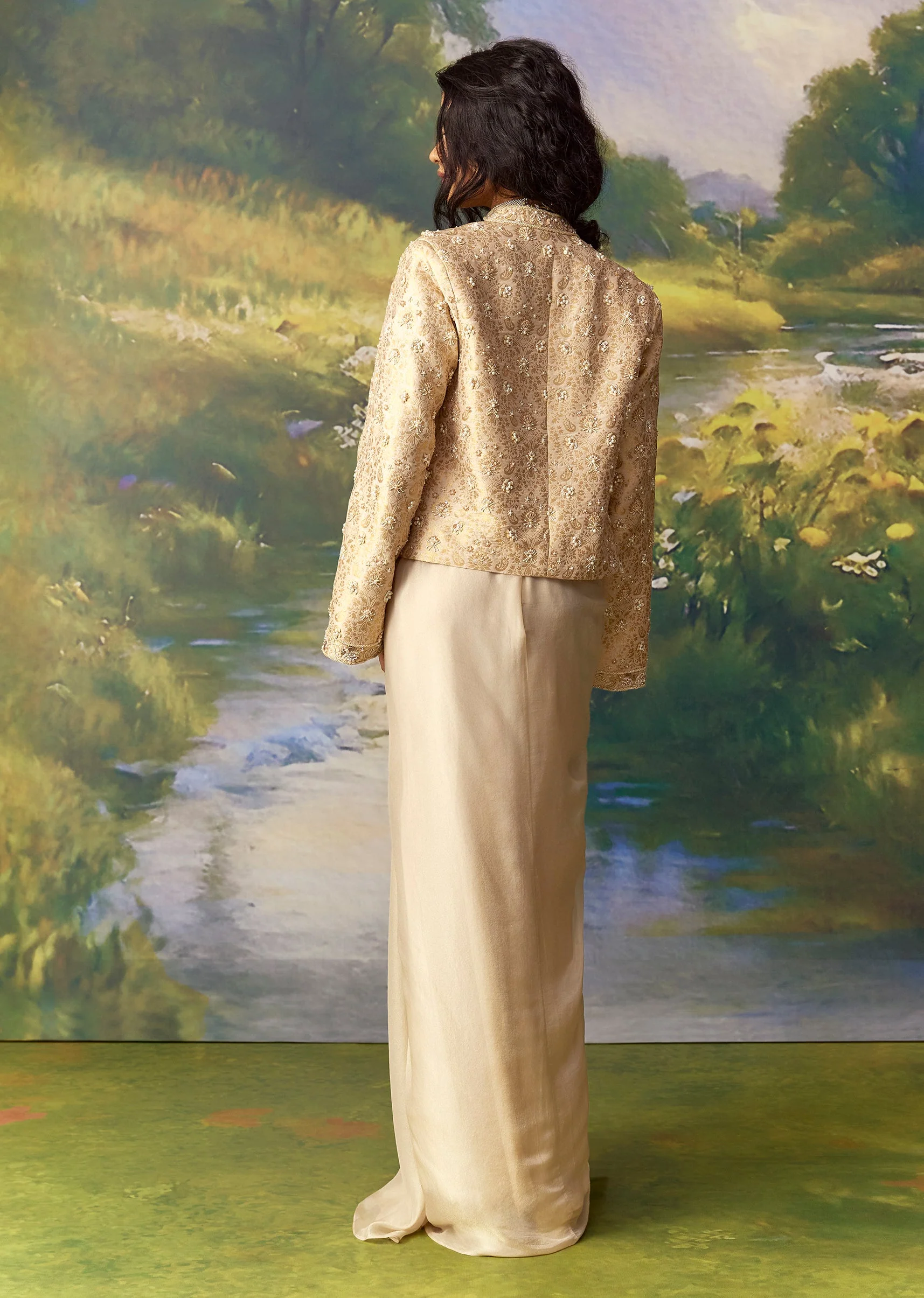 Gold Banarasi Silk Embroidered Jacket and Draped Skirt Set - Image 2