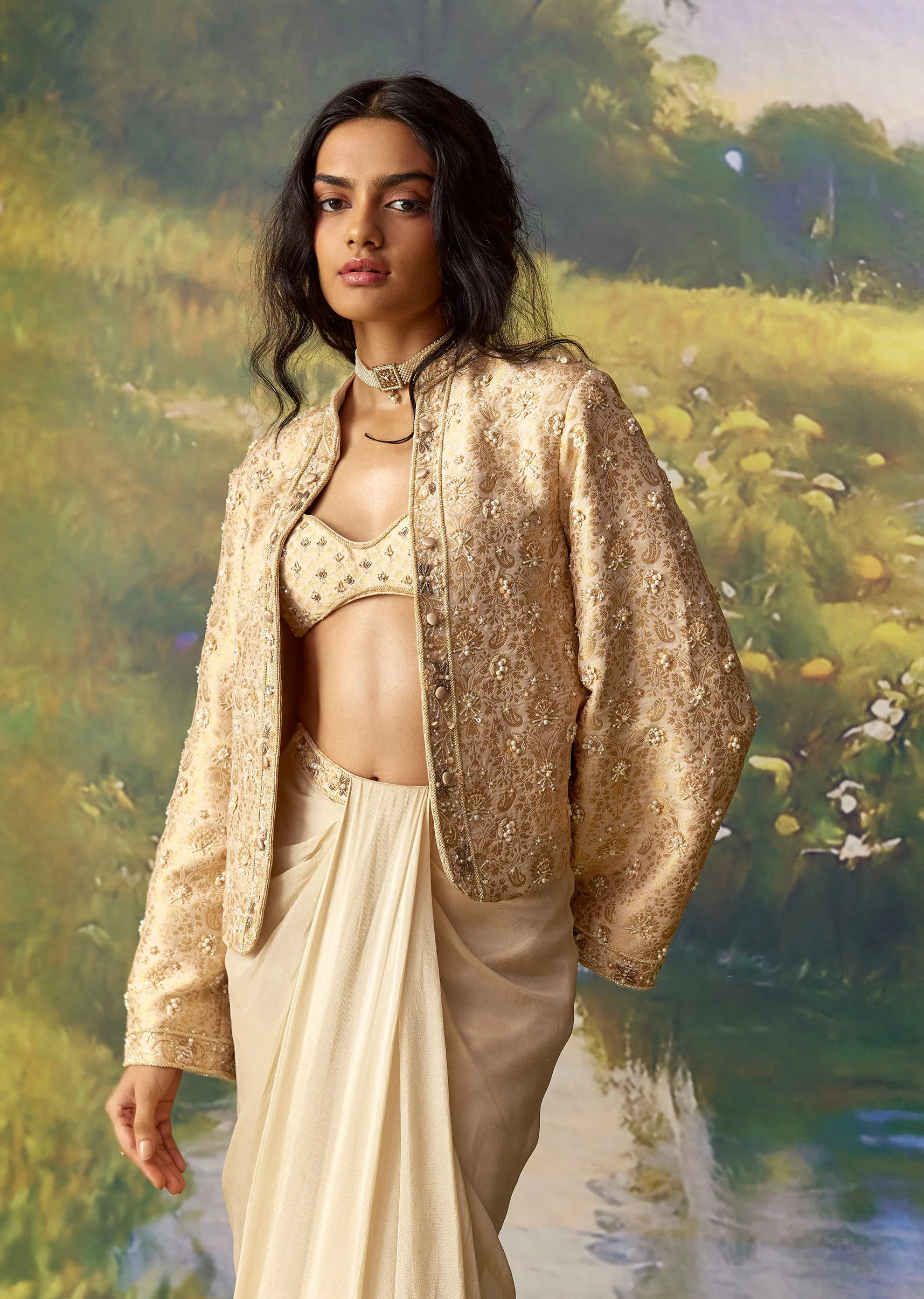 Gold Banarasi Silk Embroidered Jacket and Draped Skirt Set - Image 5