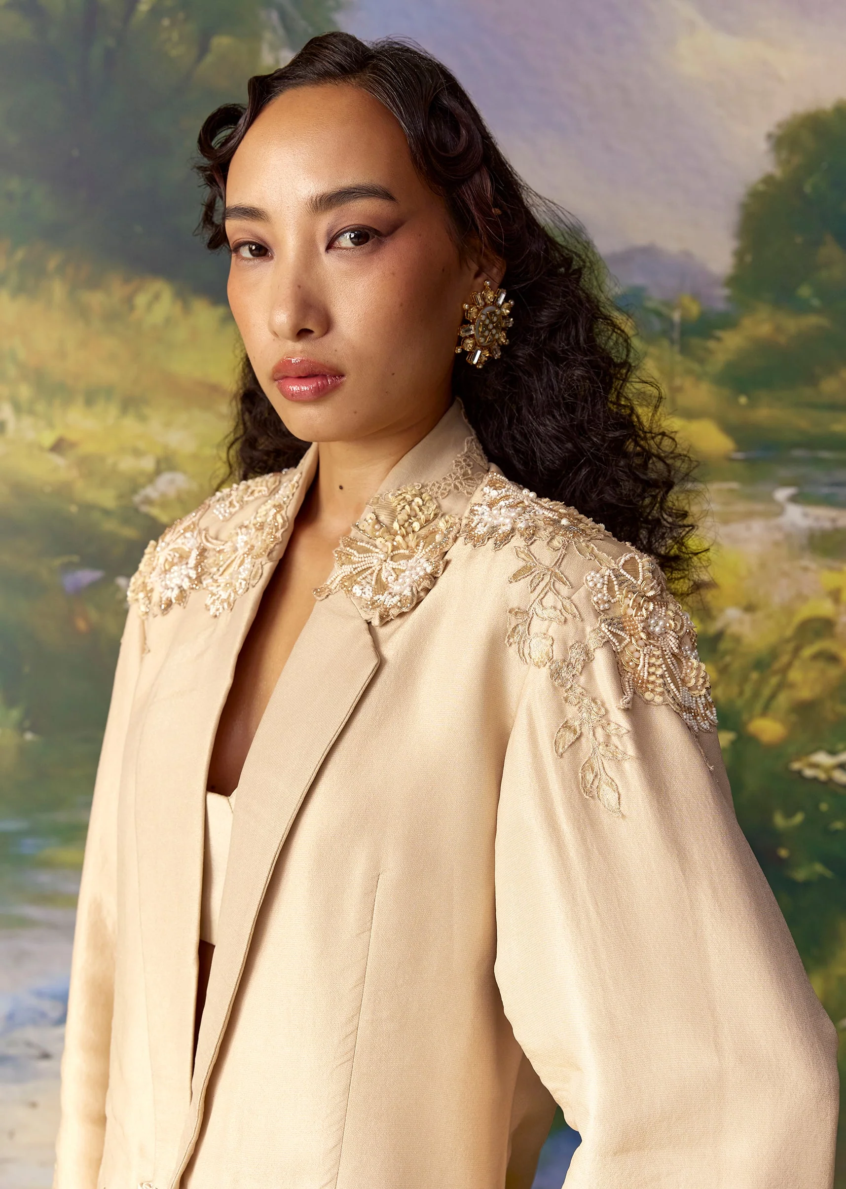 Gold Banarasi Silk Jacket and Draped Skirt Set - Image 3