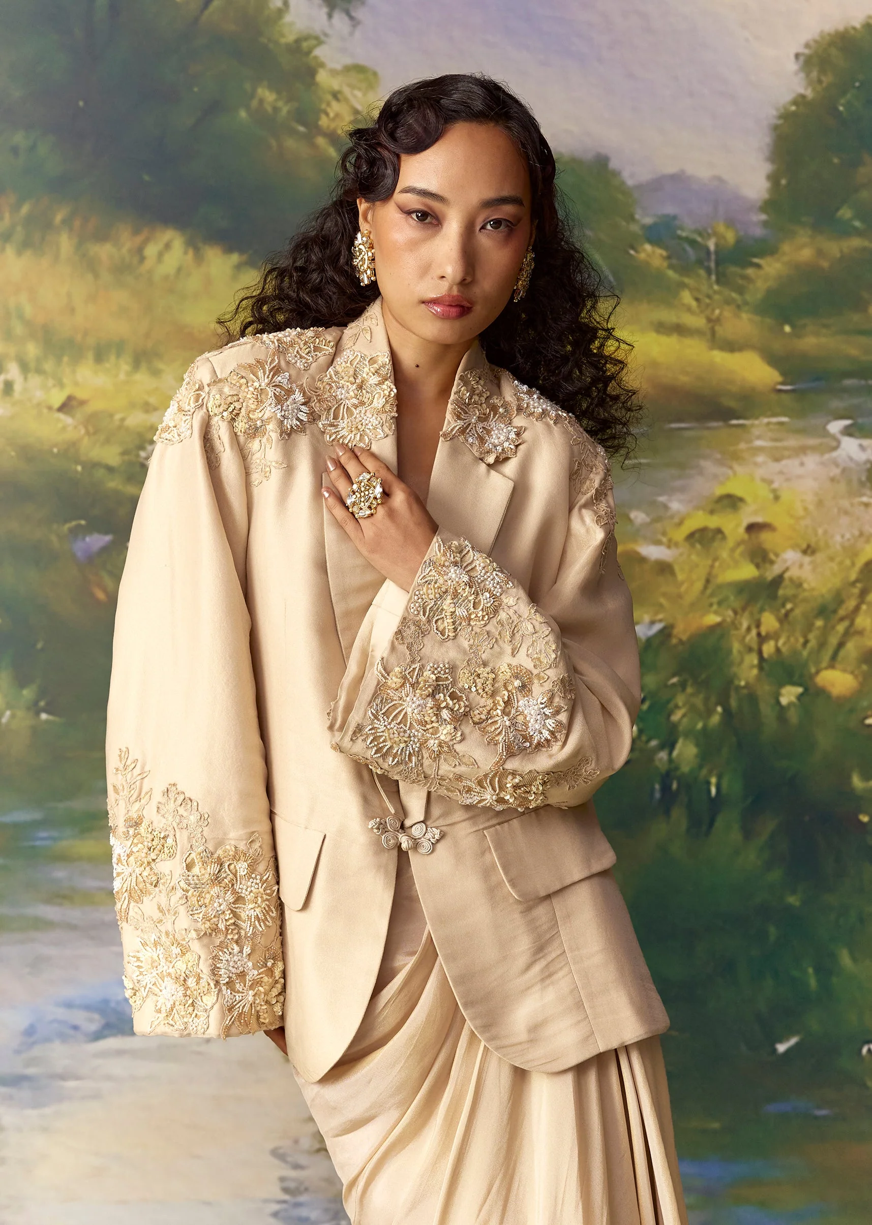 Gold Banarasi Silk Jacket and Draped Skirt Set - Image 5