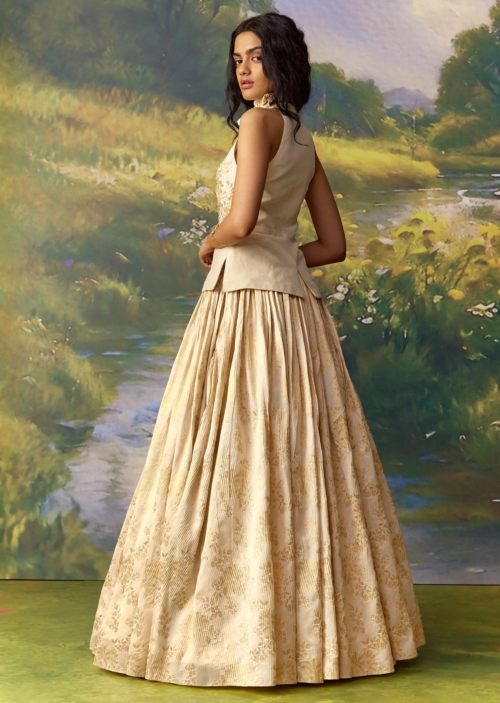 Gold Banarasi Silk Pre Pleated Lehenga Set - Image 2