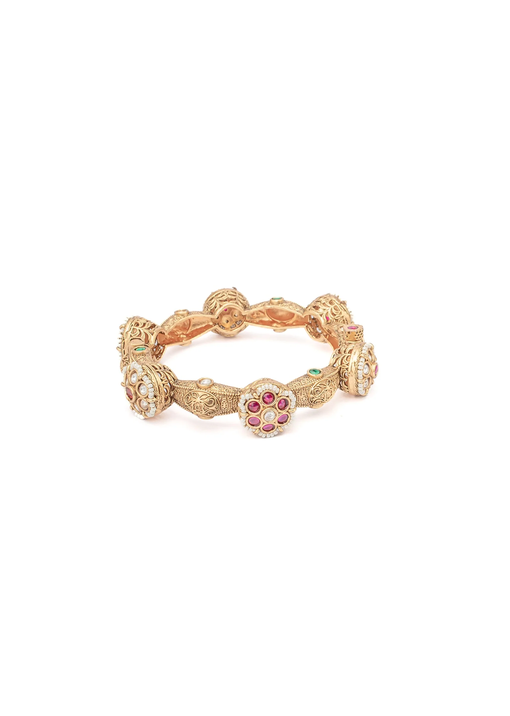 Gold Bangles With Floral Design And Ruby Diamond Stones - Image 3