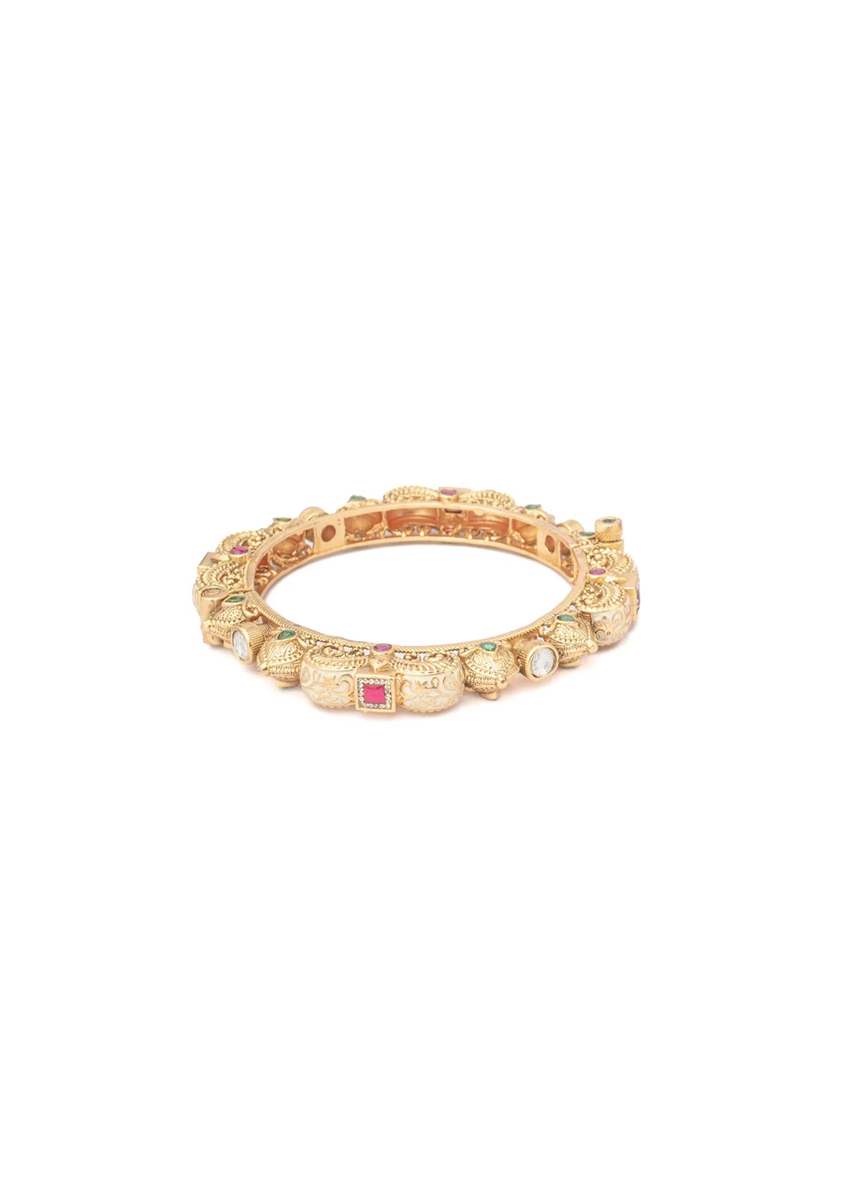 Gold Bangles With Floral Motifs And Green Red White Stones - Image 2