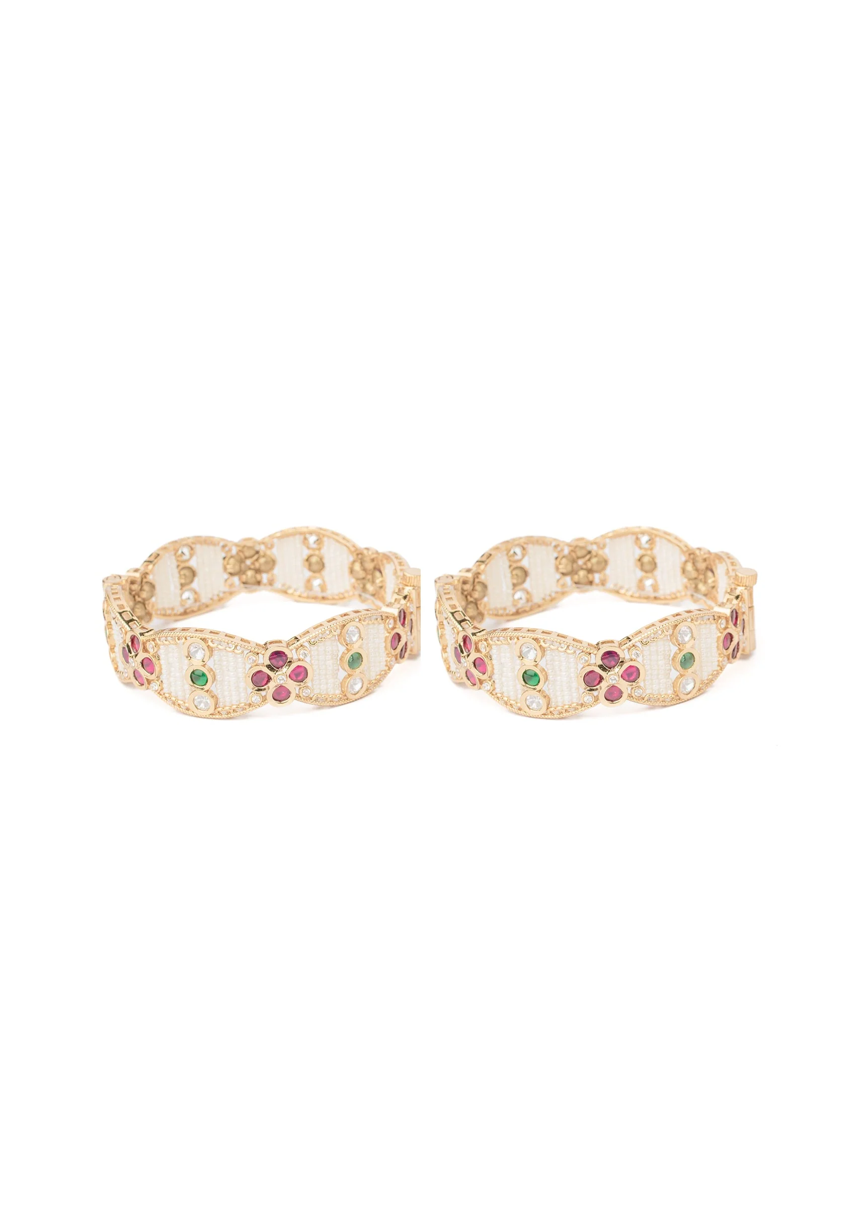 Gold Bangles With Pearls And Pink Green Gemstones - Image 2
