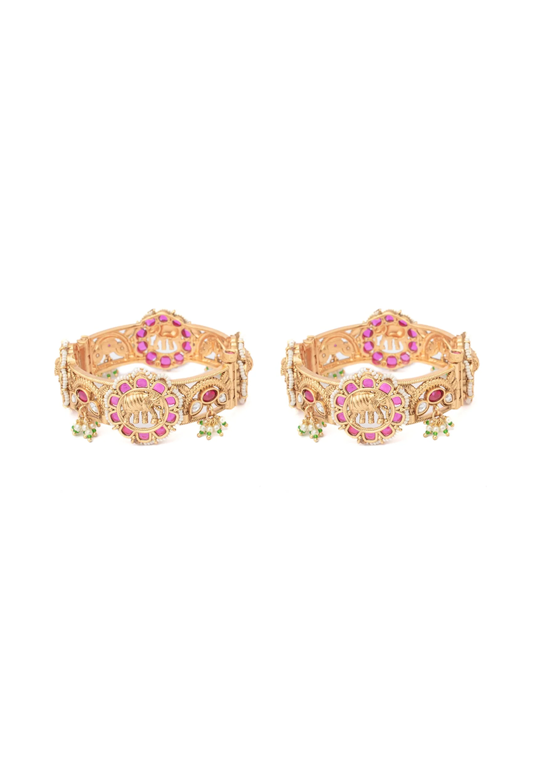 Gold Bangles With Pink And Green Stones And Intricate Motifs