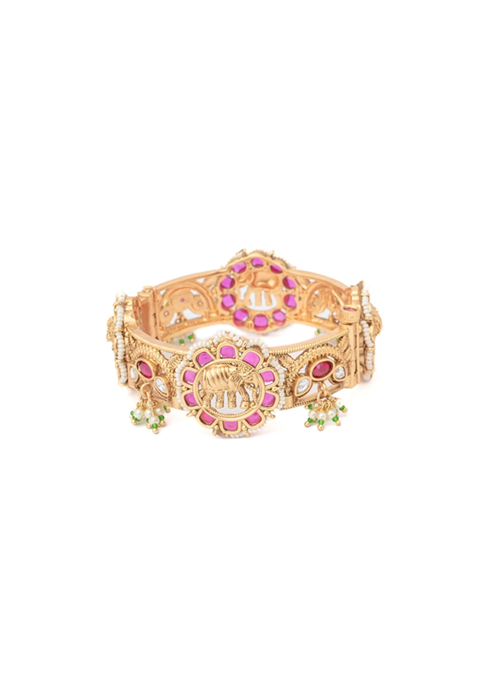Gold Bangles With Pink And Green Stones And Intricate Motifs - Image 2