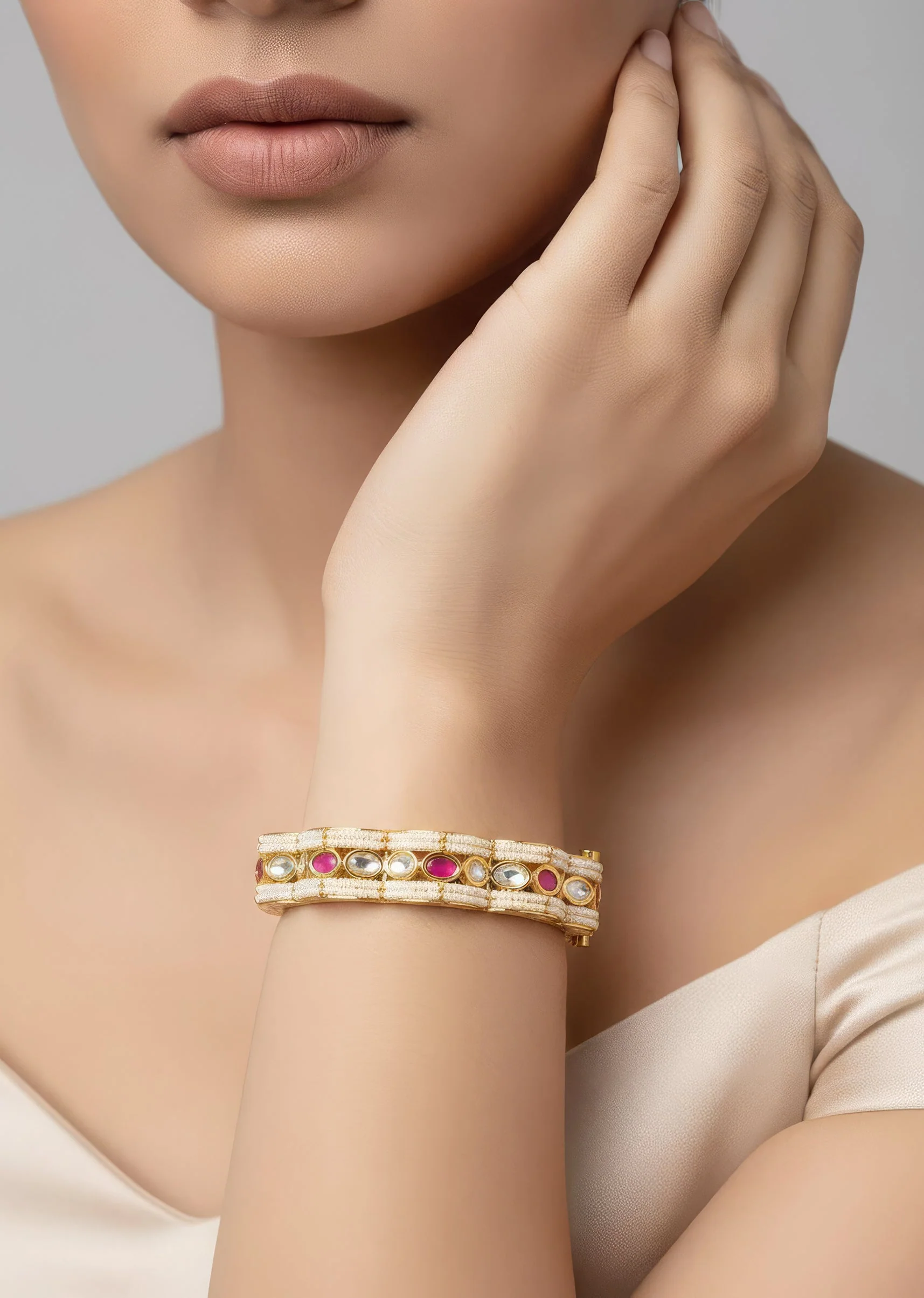 Gold Bangles With White Stones And Scalloped Design With Pink Accents