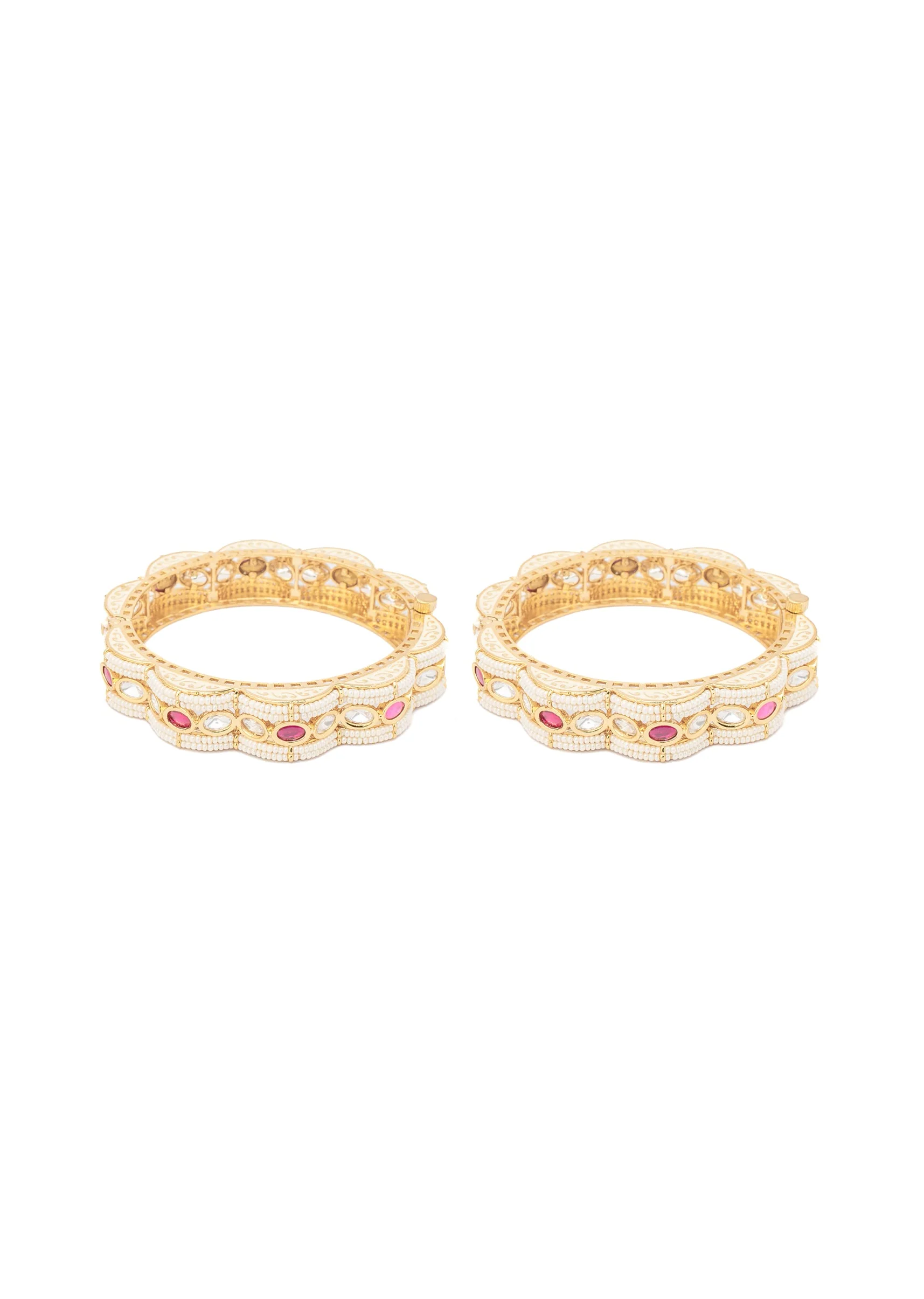 Gold Bangles With White Stones And Scalloped Design With Pink Accents - Image 2